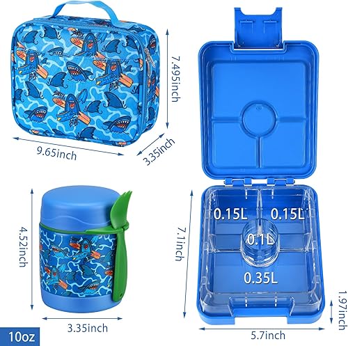 Miniatura 6 de Juego de lonchera Bento para niños con termo de sopa de 10 onzas, recipientes de almuerzo a prueba de fugas con 4 compartimentos, termo para niños y