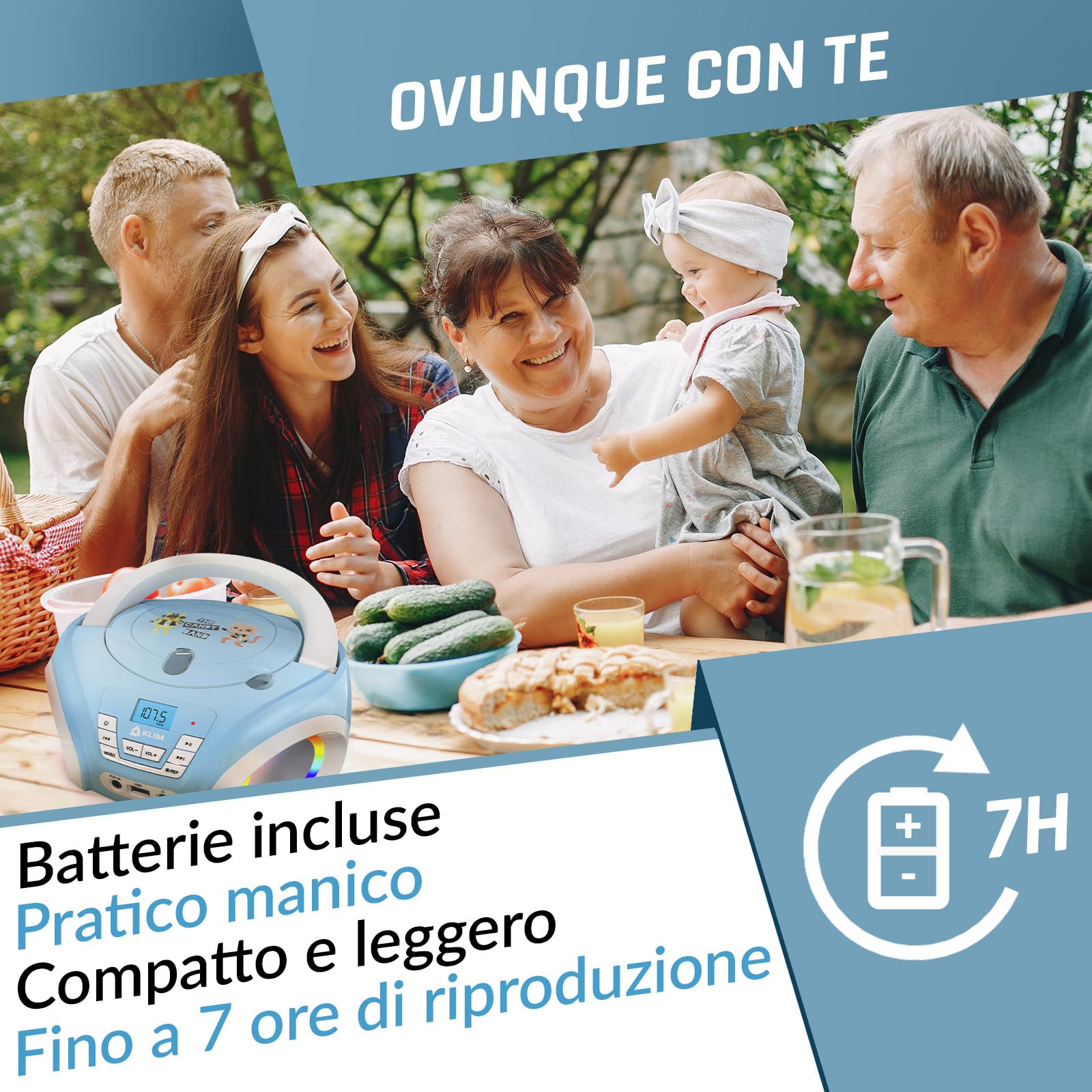 KLIM Candy Stereo per bambino NUOVO + Radio FM + Batterie incluse + Lettore CD Blu con altoparlanti e Radio + Regalo Perfetto