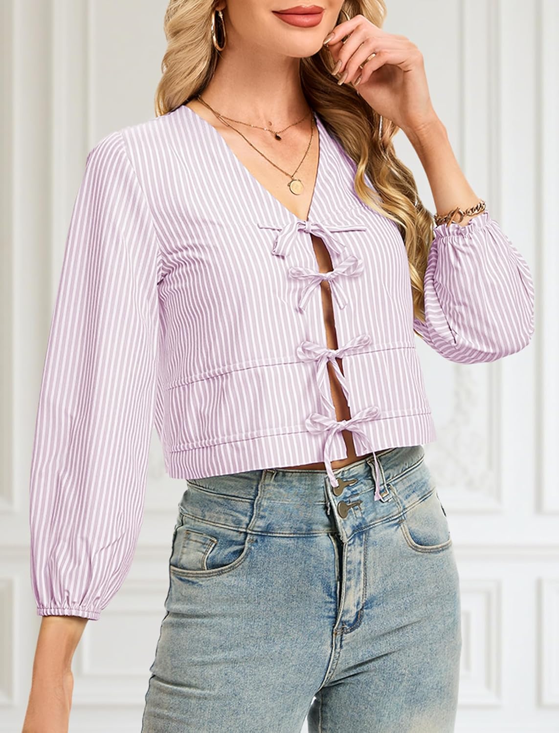 Womens Tops Cute Tie Front Striped Blouses Dressy Casual V Neck Shirts Trendy Long Sleeve Crop Tops - Image 4