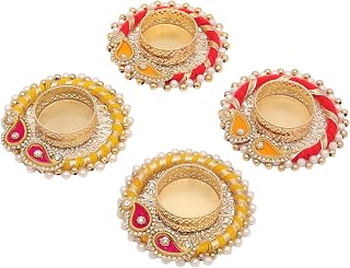 Set of 4 Pearl Moti Ring Design T Light Holder Candle Stand Tealight T-Light Indian Traditional Festival Diwali Decorations Lighting Accessories Wedding Home Decor(Without Wax)(Size:-3")(Red,Yellow)