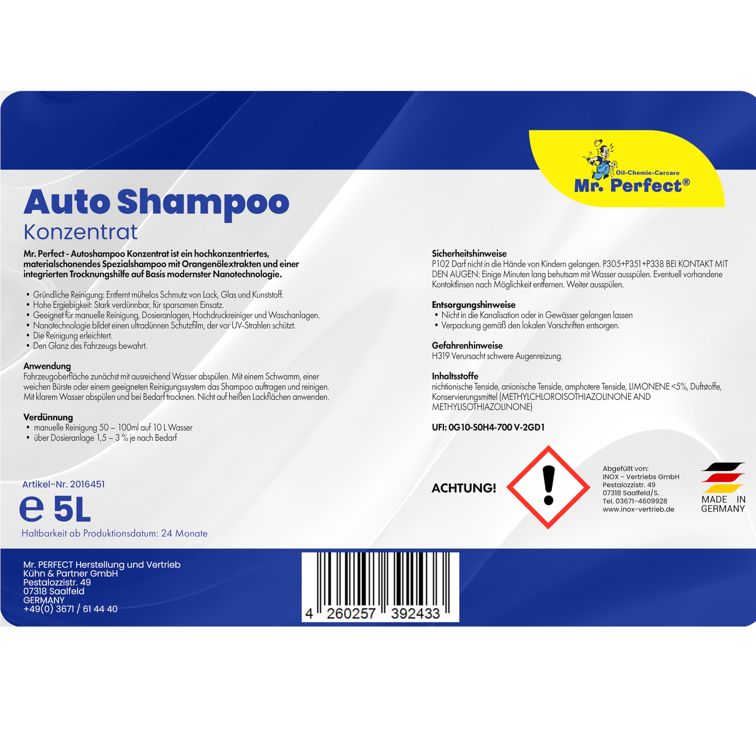 Mr. Perfect – Autoshampoo Konzentrat im praktischen 4x5L Kanister | Autoshampoo für Hochdruckreiniger und Waschanlagen | Autoreiniger mit Abperleffekt