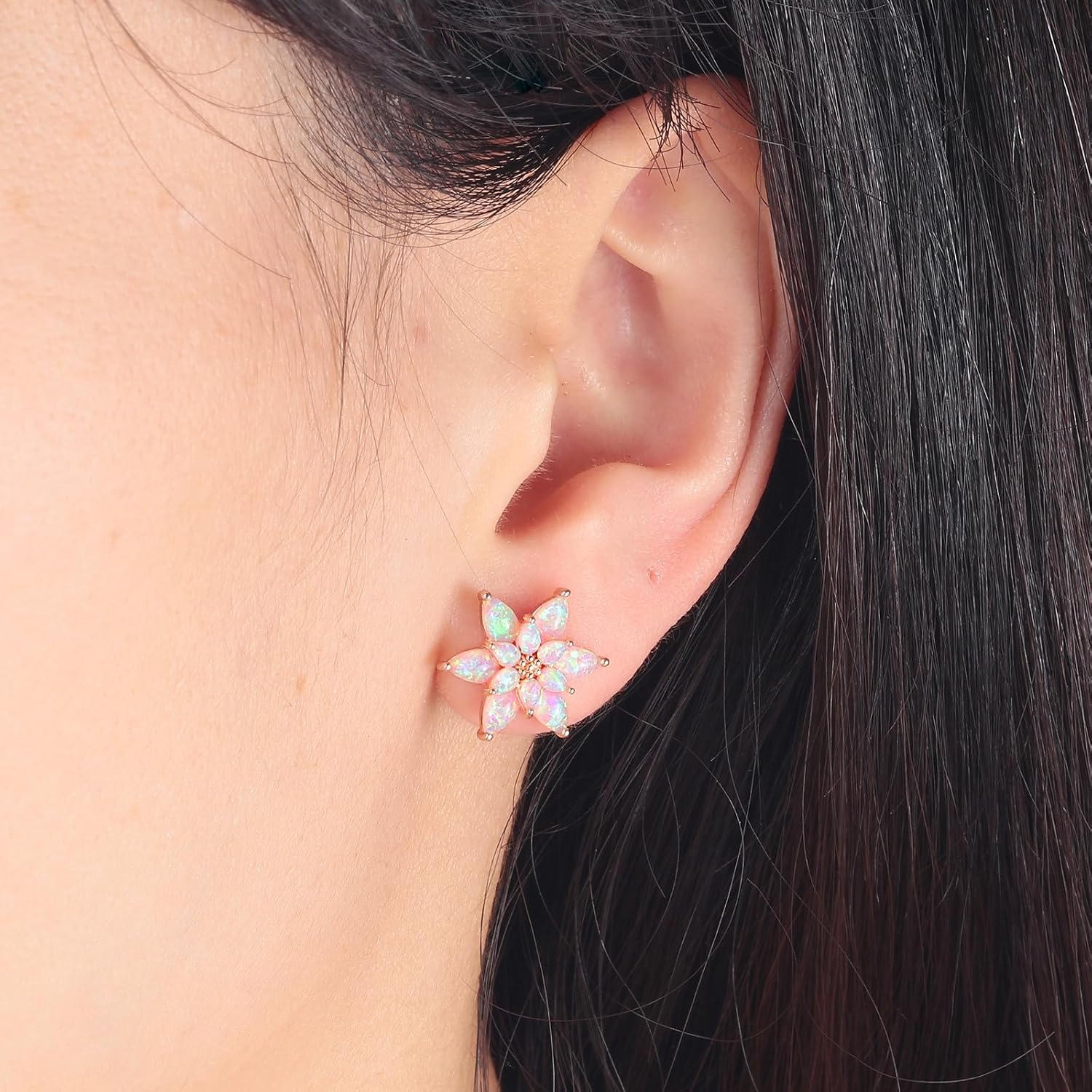 CiNily Flower Opal Stud Earrings for Women Hypoallergenic, 14K Gold Plated Flower Earrings Opal Jewelry, Floral Ear Studs Gift for Teen - Image 2