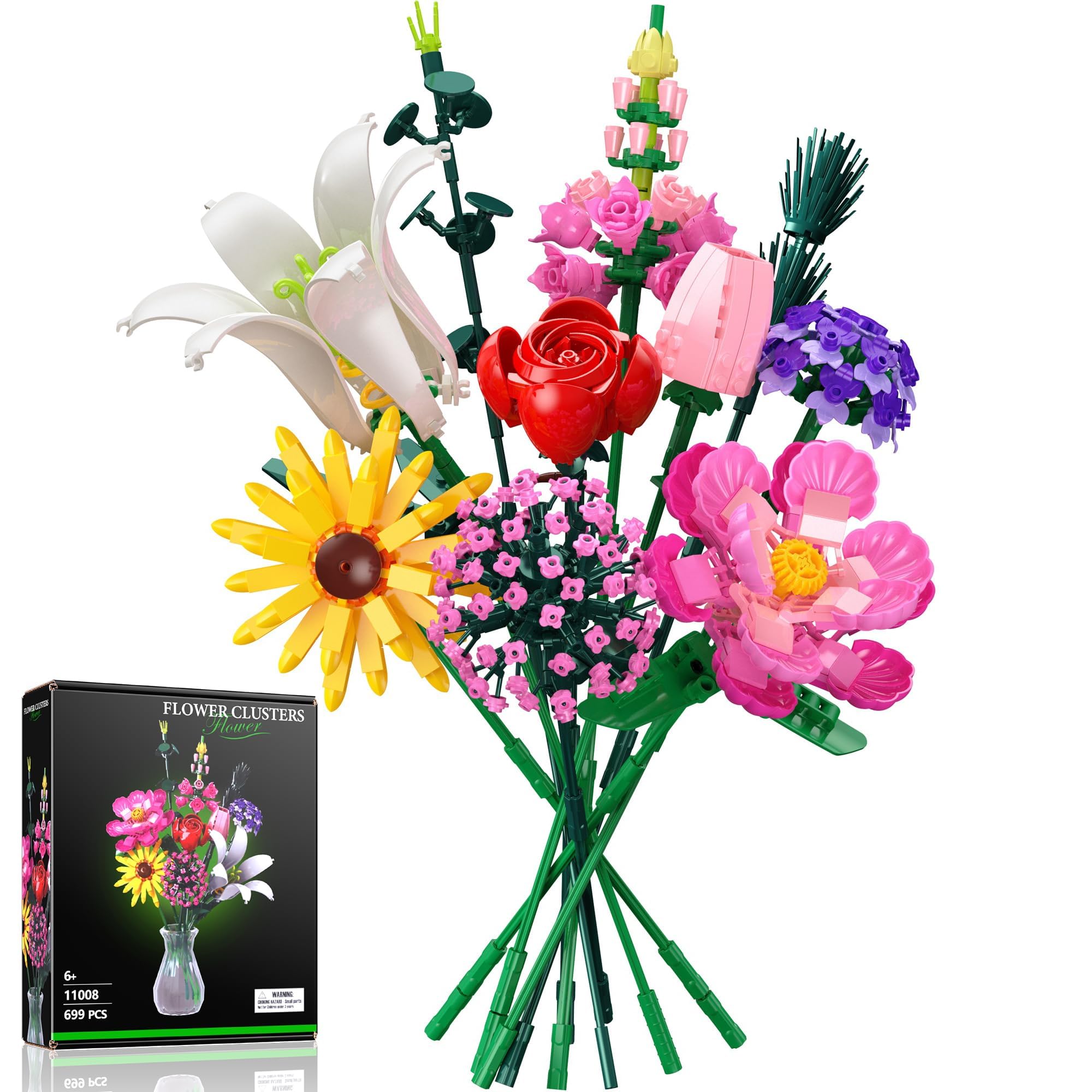 Set de Construcción de Ramos de Flores, 699 PCS - 10 Colección Botánica de Flores Eternas, Regalo para San Valentín, Cumpleaños, Día de la Madre para Adultos Mujer Niñas Niñas de 6+ Años