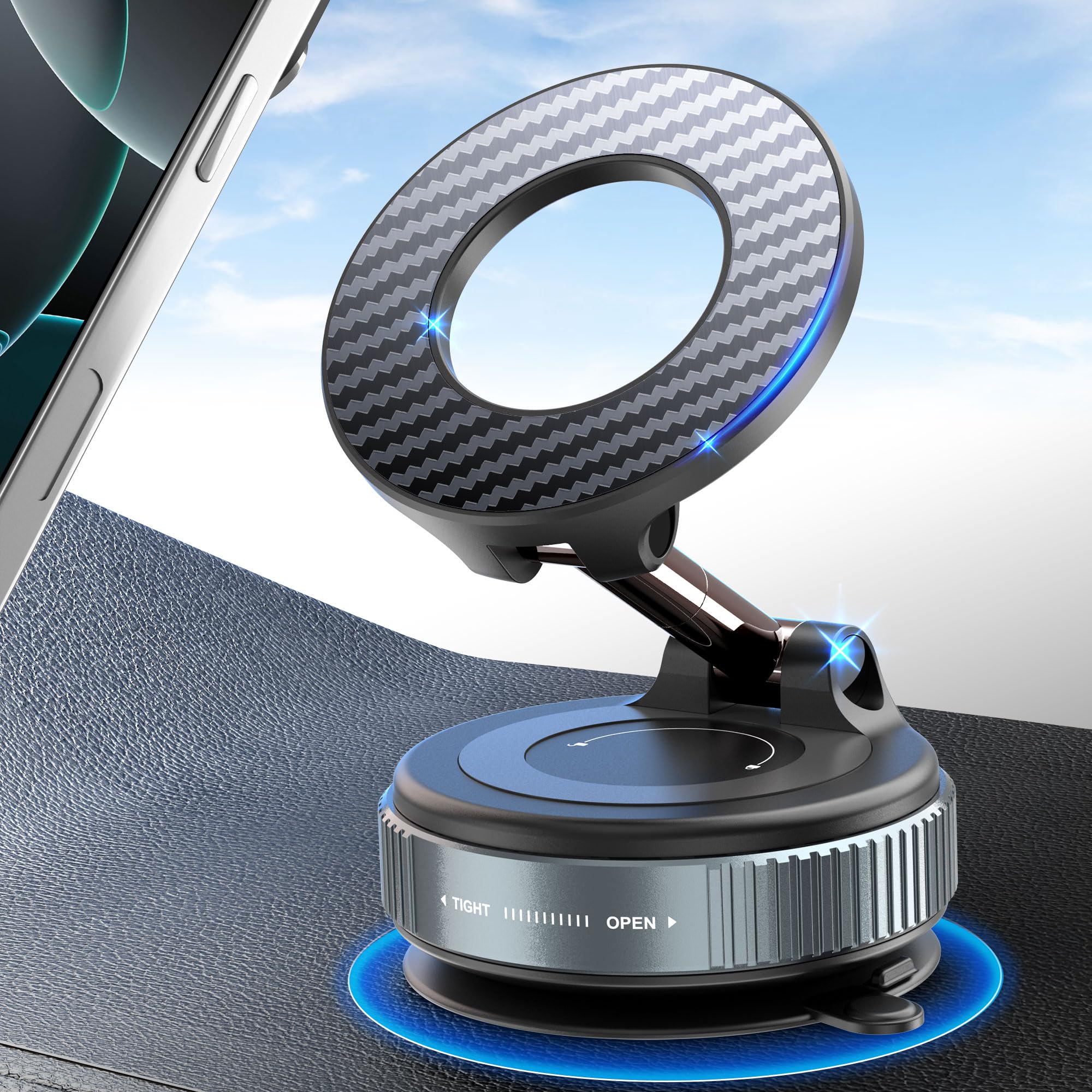 PlusAcc Próżniowy magnetyczny uchwyt na telefon do samochodu – nano żelowy uchwyt na telefon z przyssawką obracany o 360° składany przenośny mocny stojak magnetyczny do iPhone'a 17/16/15/14/13/12 Pro