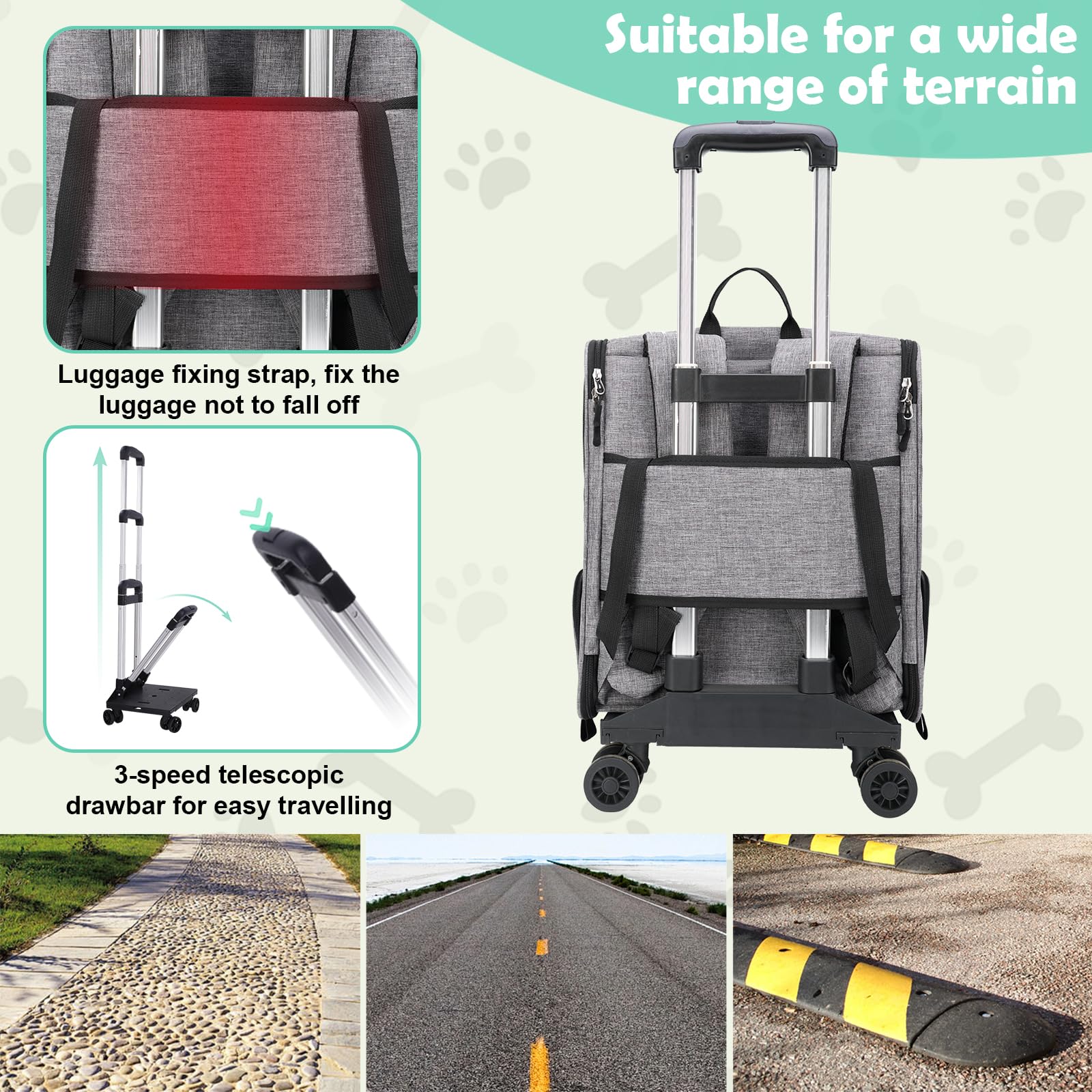 Zaino da trasporto per cani con carrello 3 in 1 fino a 20 kg, gatti, cuccioli, in rete completamente ventilata, progettato per viaggi, escursionismo, uso esterno (grigio)