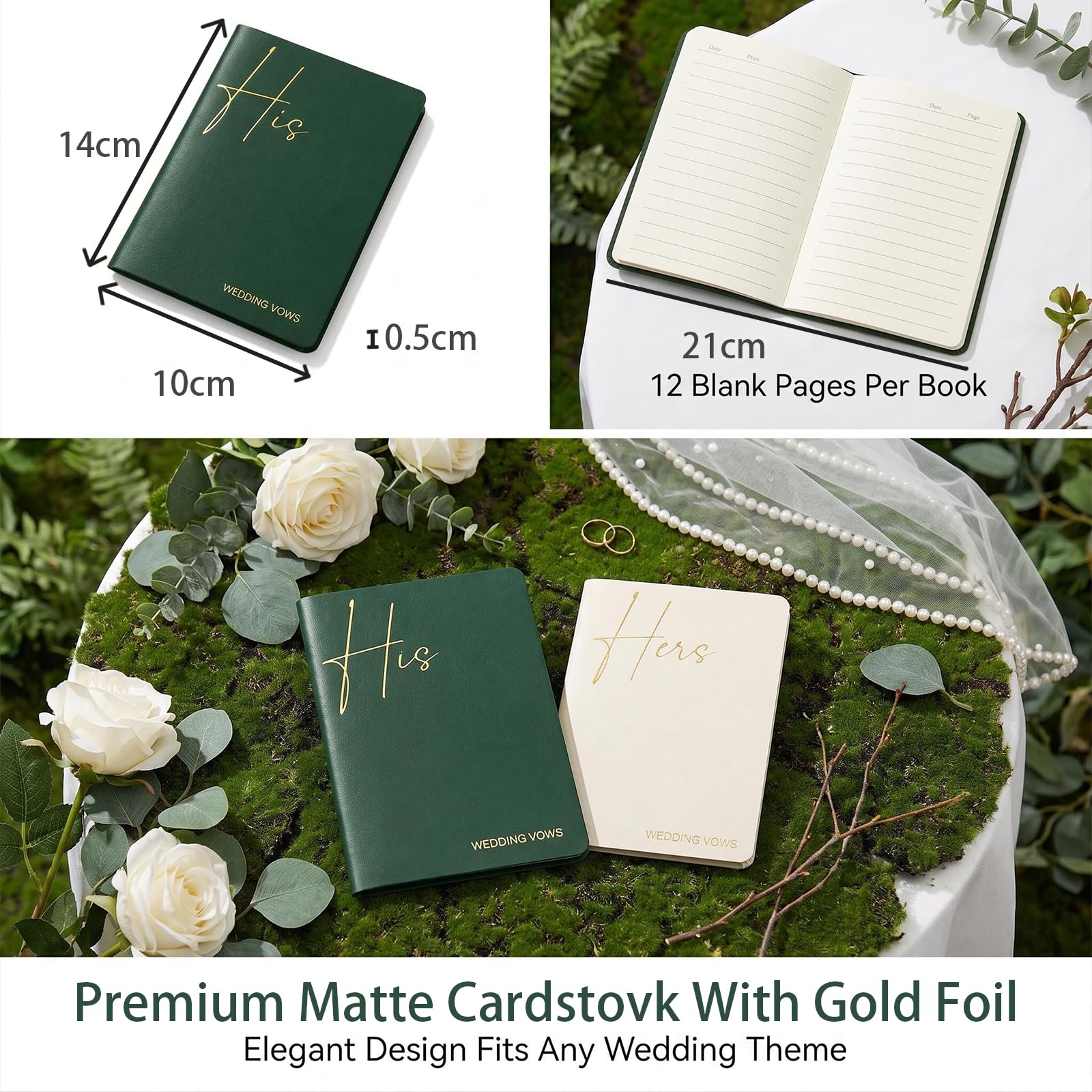 2 Cuadernos de votos de Boda Personalizados | diseñados especialmente para los novios — regalo de matrimonio. Cubiertas en color verde y blanco, 14 páginas por unidad.