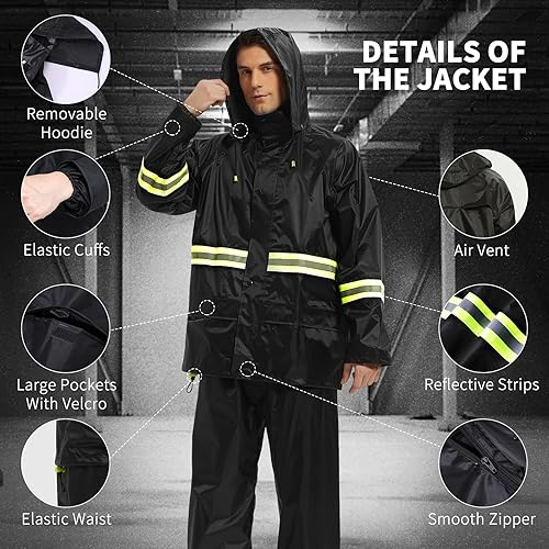 Miniatura 2 de Trajes de lluvia para hombres y mujeres, impermeables, transpirables con tira reflectante llamativa, equipo de lluvia duradero Negro, Azul /