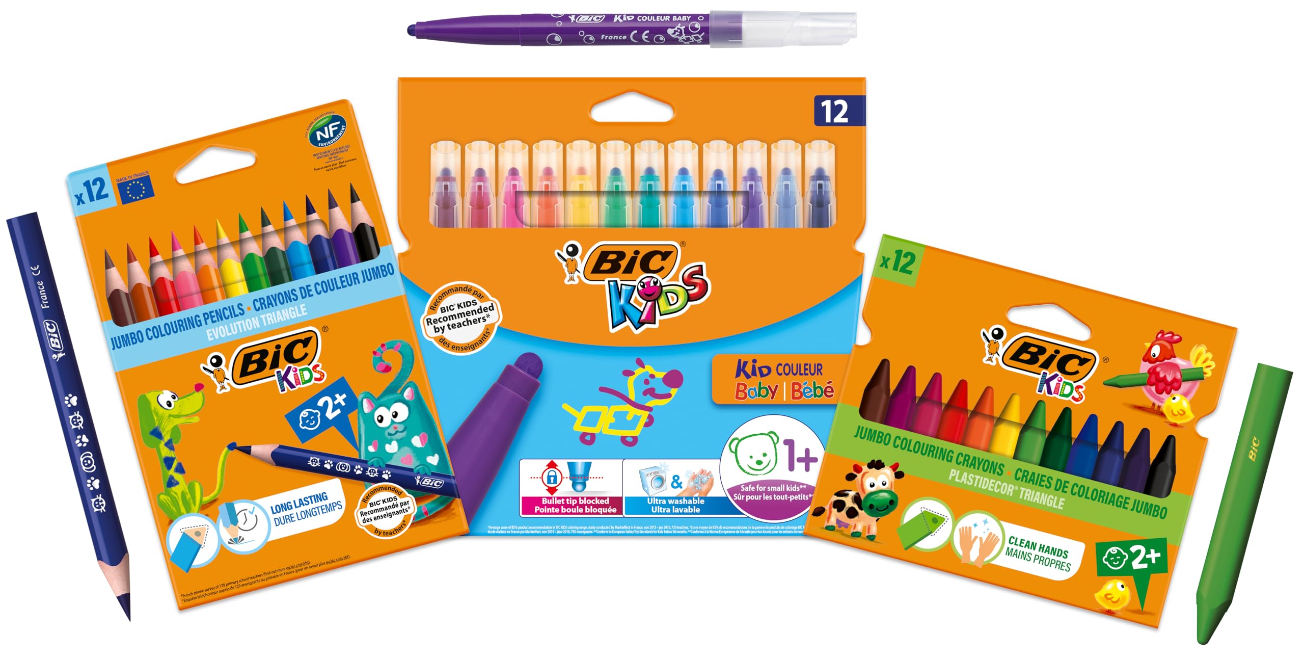 BIC Kids, Set Colori per Bambini, 12 Matite Colorate, 12 Pennarelli Colorati Lavabili, 12 Pastelli a Cera, 36 Unità, Cancelleria Scuola e Casa