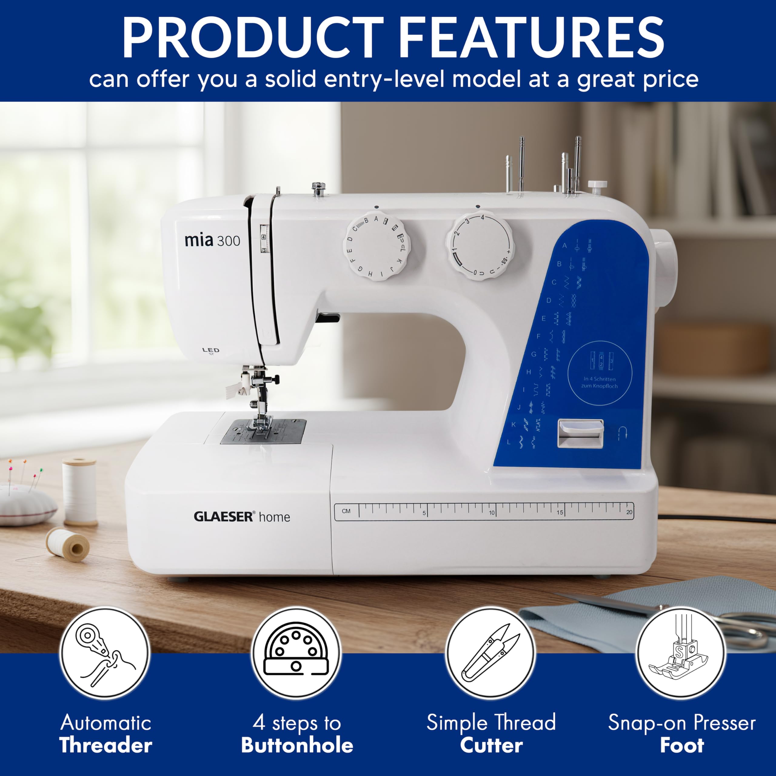 GLAESER® Home Mia 300 Nähmaschine Easy für Anfänger mit Automatischer Einfädler, 24 Stich-Varianten, Kinderleichte Bedienung