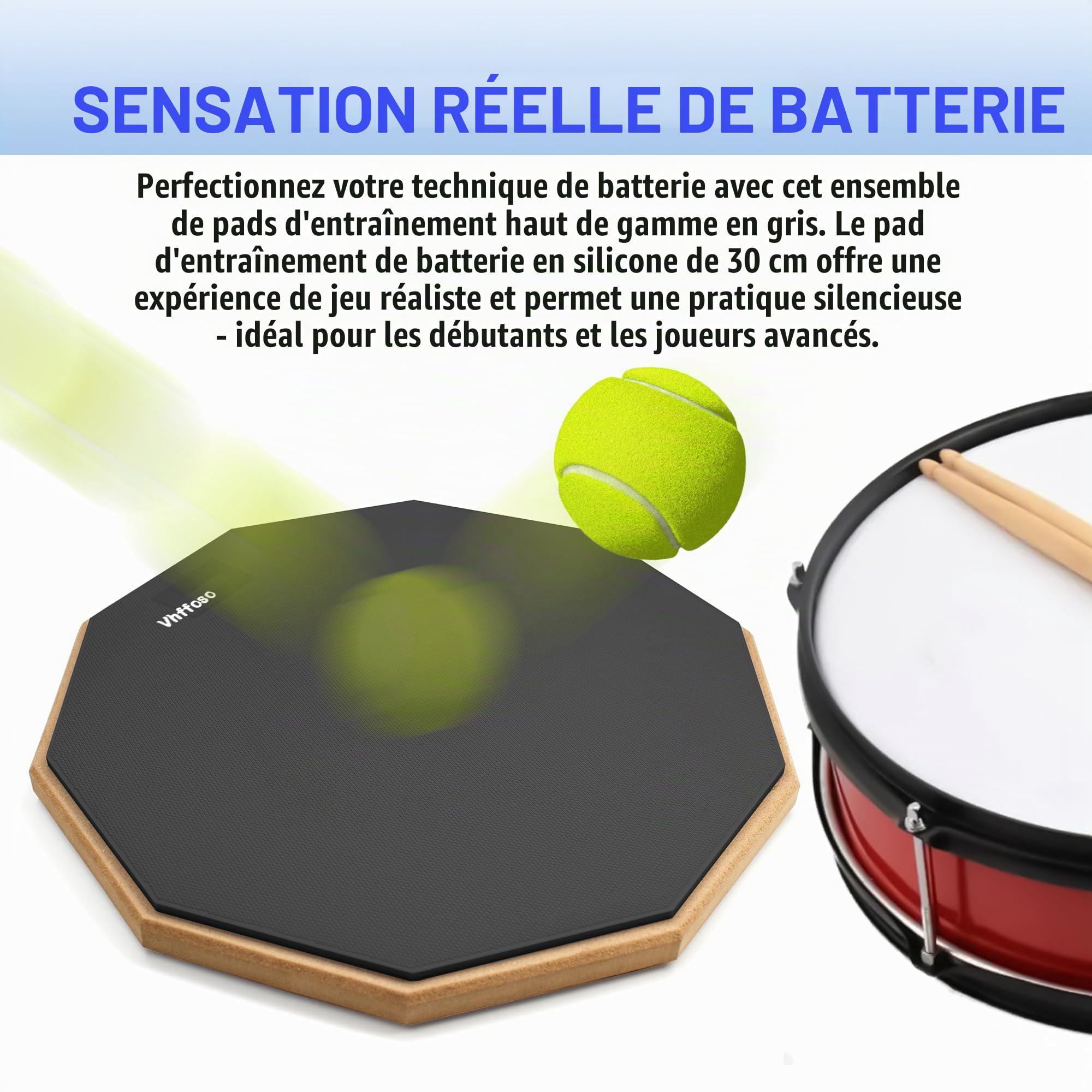 Ensemble de tapis d'entraînement pour batterie de 12" (50-80 cm) avec support, bandeau et sac de rangement - Noir