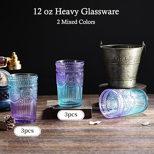 Miniatura 2 de Juego de 6 vasos de bebida vintage, vasos de vidrio de 12 onzas, vasos de vidrio acanalados en relieve para cóctel, agua, jugo, café, whisky