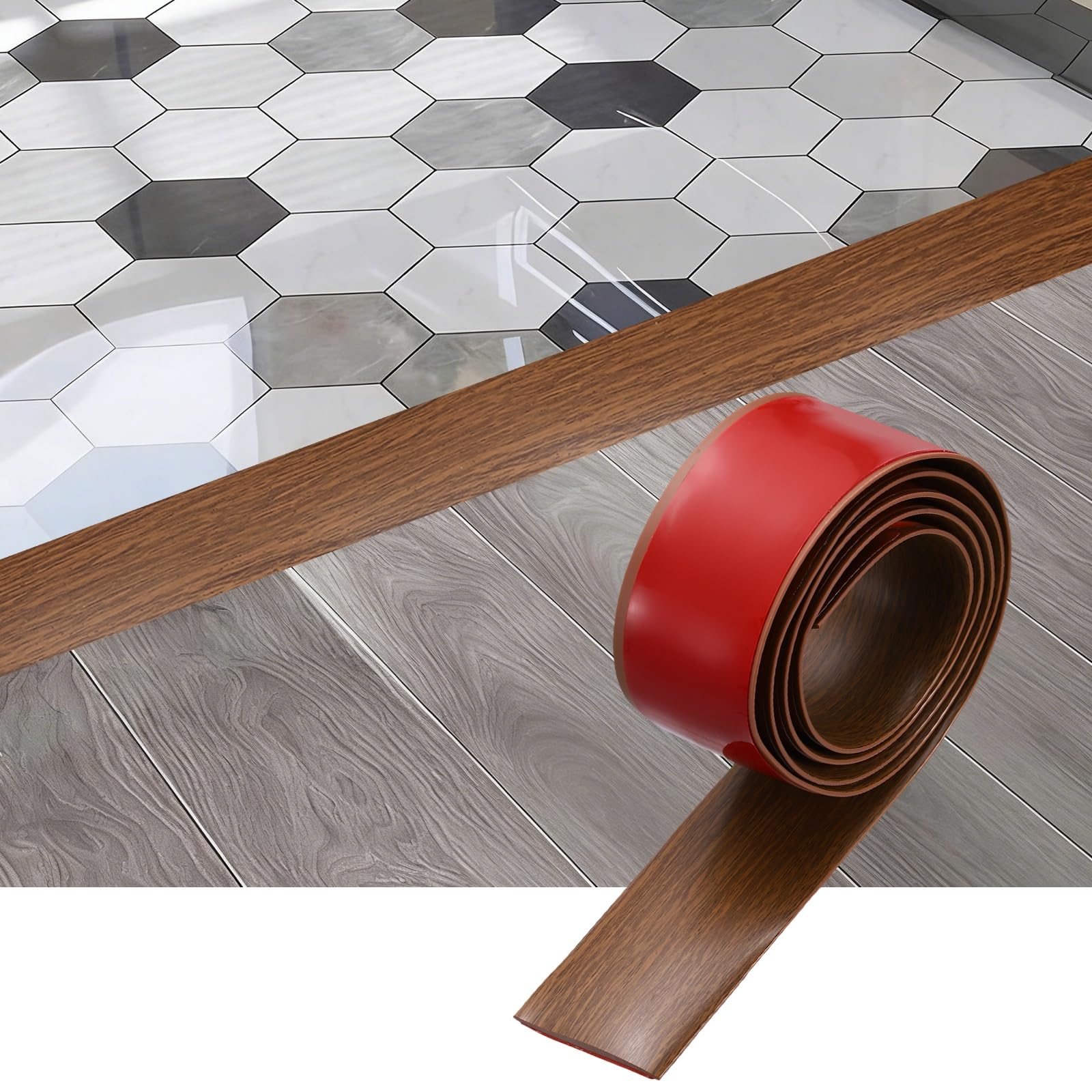 sourcing map Floor Transition Strip, 3.2FT x 1.57" x 0.14" Self Adhesive Floor Cover Strips Laminate Edge Trim with Wood Grain for Flooring Gaps Carpet Transition, Reddish Brown