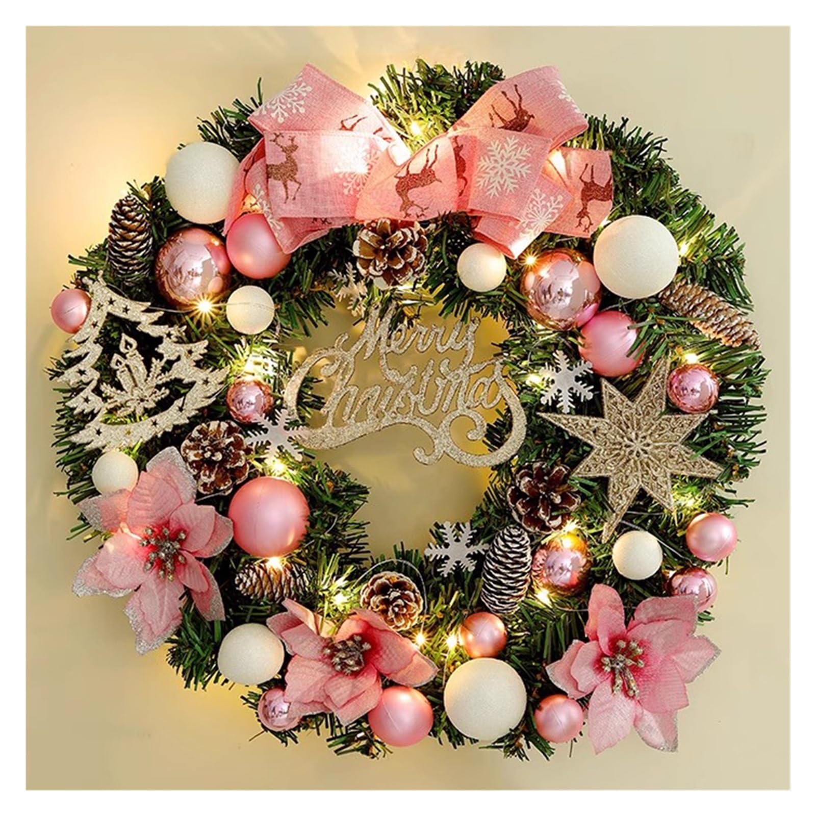 Prelit - Corona de Navidad para puerta delantera, decoración navideña al aire libre con tamaño de 44 cm