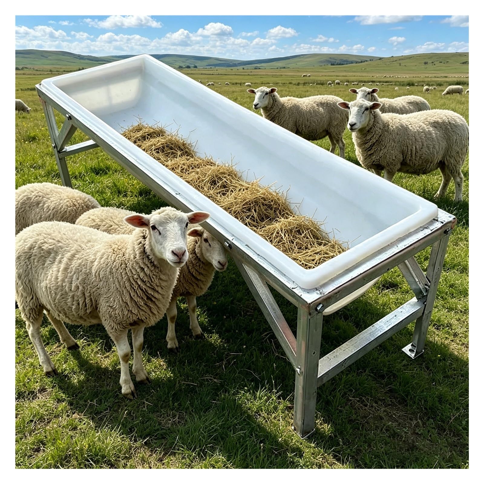 Mangiatoia Abbeveratoio Multiuso Con Supporto Metallico | Rastrelliera Per Pecore, Capre, Bovini, Cavalli, Alpaca,Accessori Per Allevamento Esterno(White,39.4x11.8x7in)