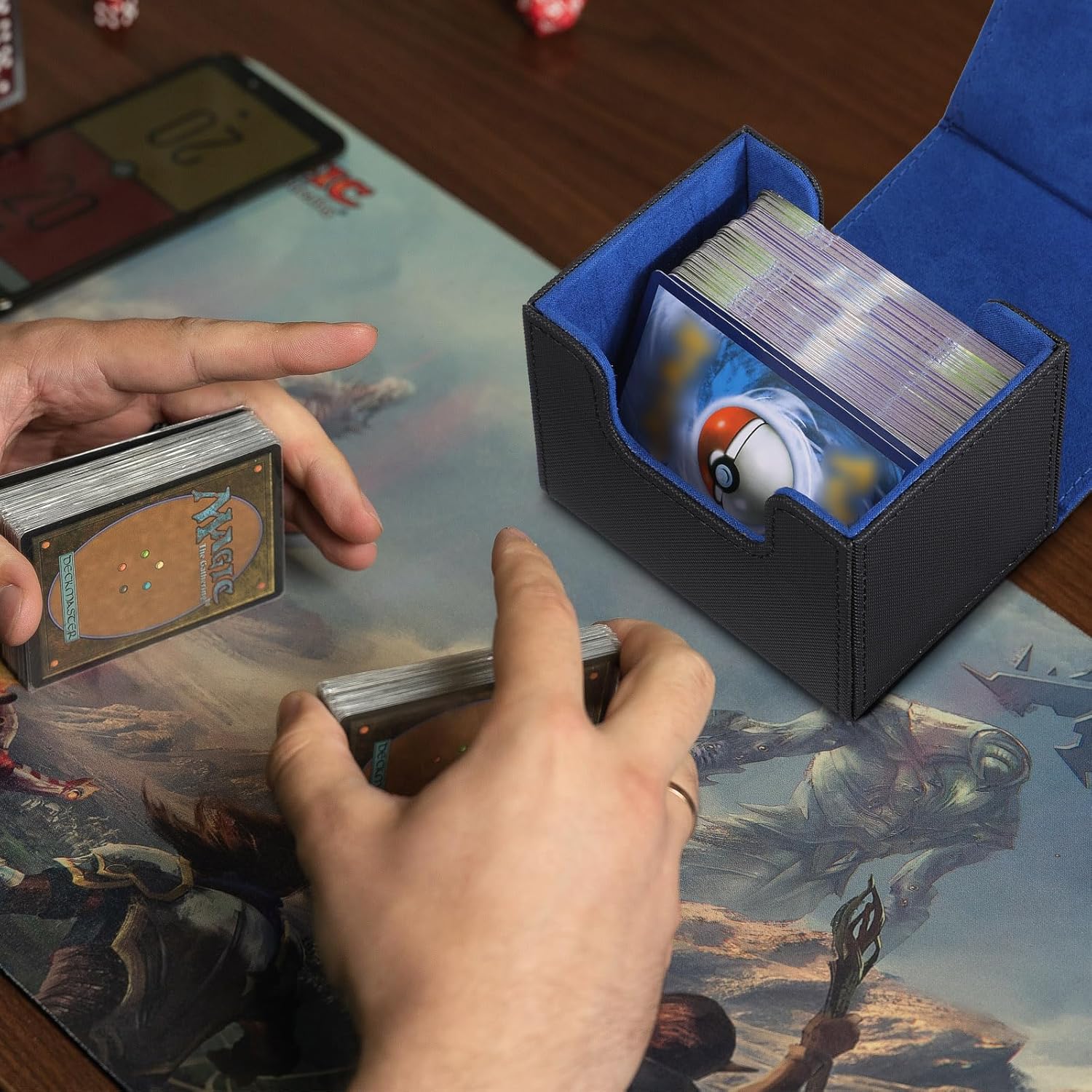 Weewooday 3 Pieces Leather Deck Card Boxes Game Box for 100 Plus Cards Playing Magnetic Storage Box Compatible with Mtg Tcg(Black, Black Red, Black Blue,Horizontal)
