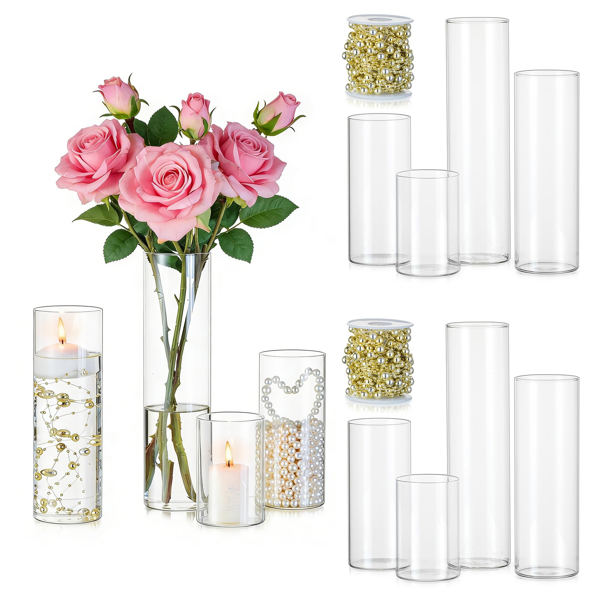 Hewory Glasvase Zylinder 12er Vasen Set Kerzengläser mit 2 Wasserperlen | Zylindervasen Set, Glaszylinder für Kerzen, Klar Vase Glas Windlicht Glas für Tischdeko Hochzeit, 10/15/20/25cm