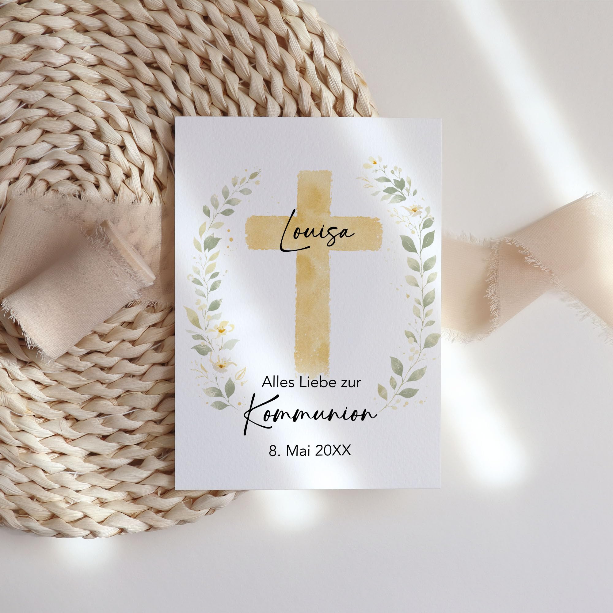 Personalisierte Kommunionskarte mit Name, Karte zur Kommunion mit Kreuz Design als Faltkarte für Mädchen Jungen - Glückwunschkarte & Geldgeschenk - 5