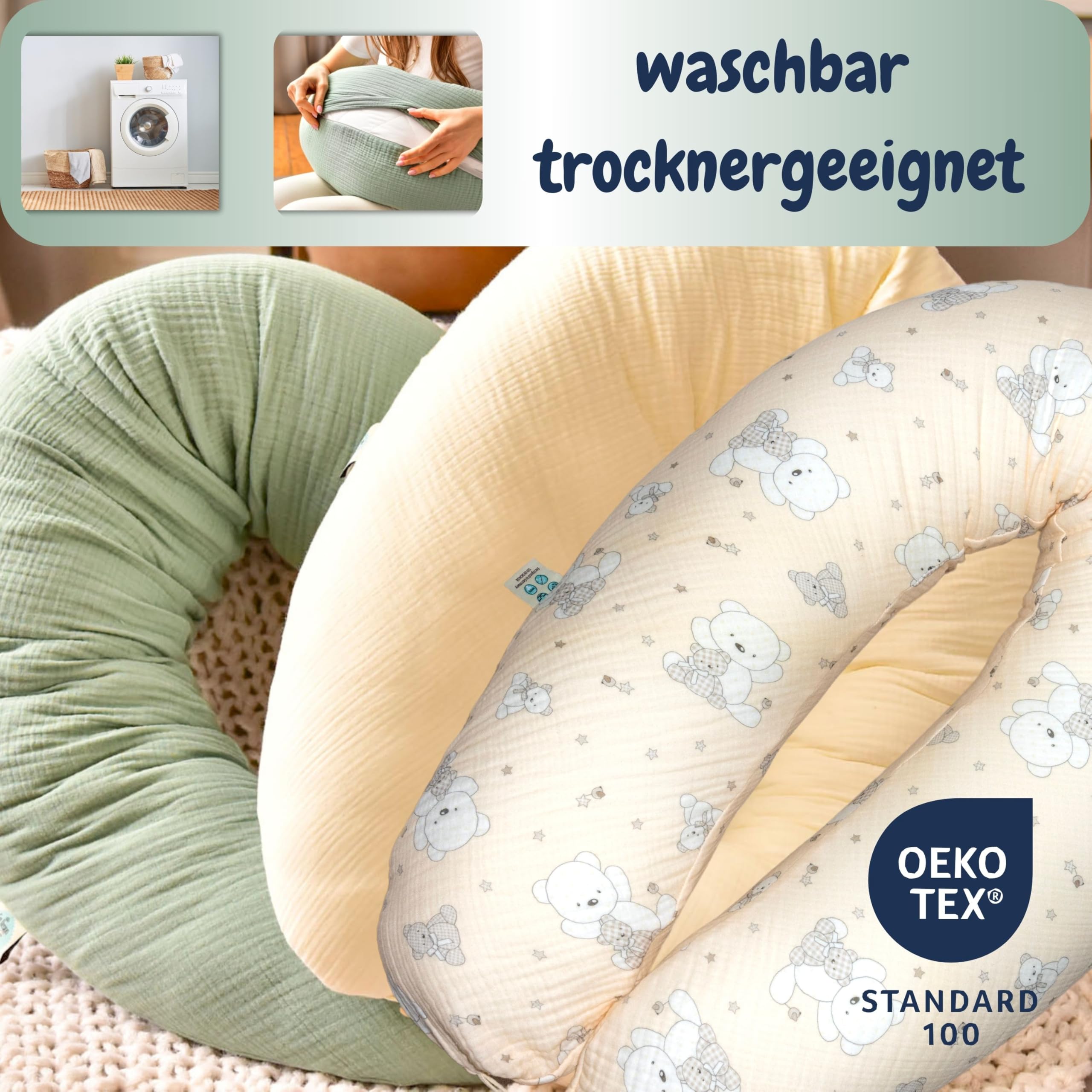 Sei Design Coussin de Grossesse XXL 190x30 avec Housse en Mousseline Ergonomique – Coussin de Maternité, Coussin d'allaitement Confort pour Femme Enceinte, 100% Coton Bio