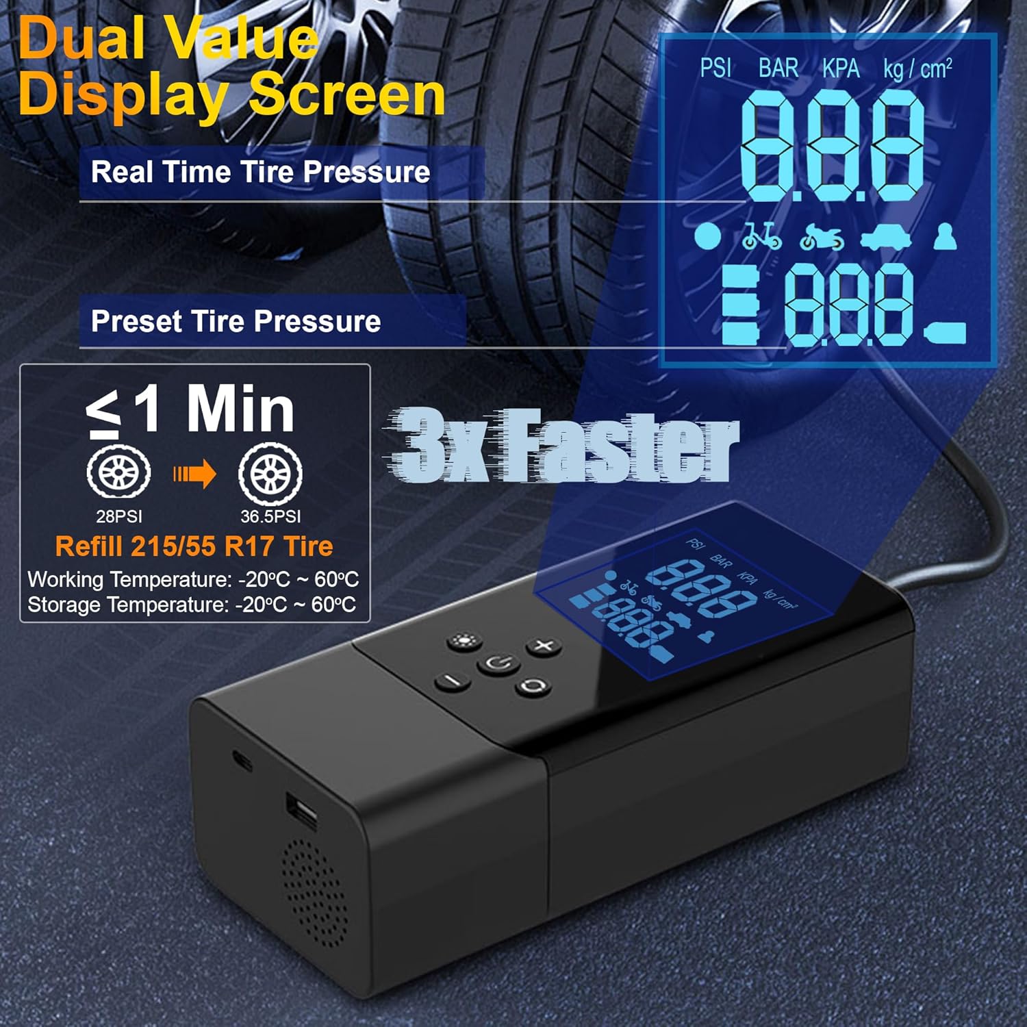 Car Battery Booster Jumper Starter 1000A with Air Compressor Tire Inflator 150PSI Car Battery Jump Leads Starter Car Tire Pump, (10L Gas/8L Diesel), Cell Power Bank Back Charger Emergency Light Torch