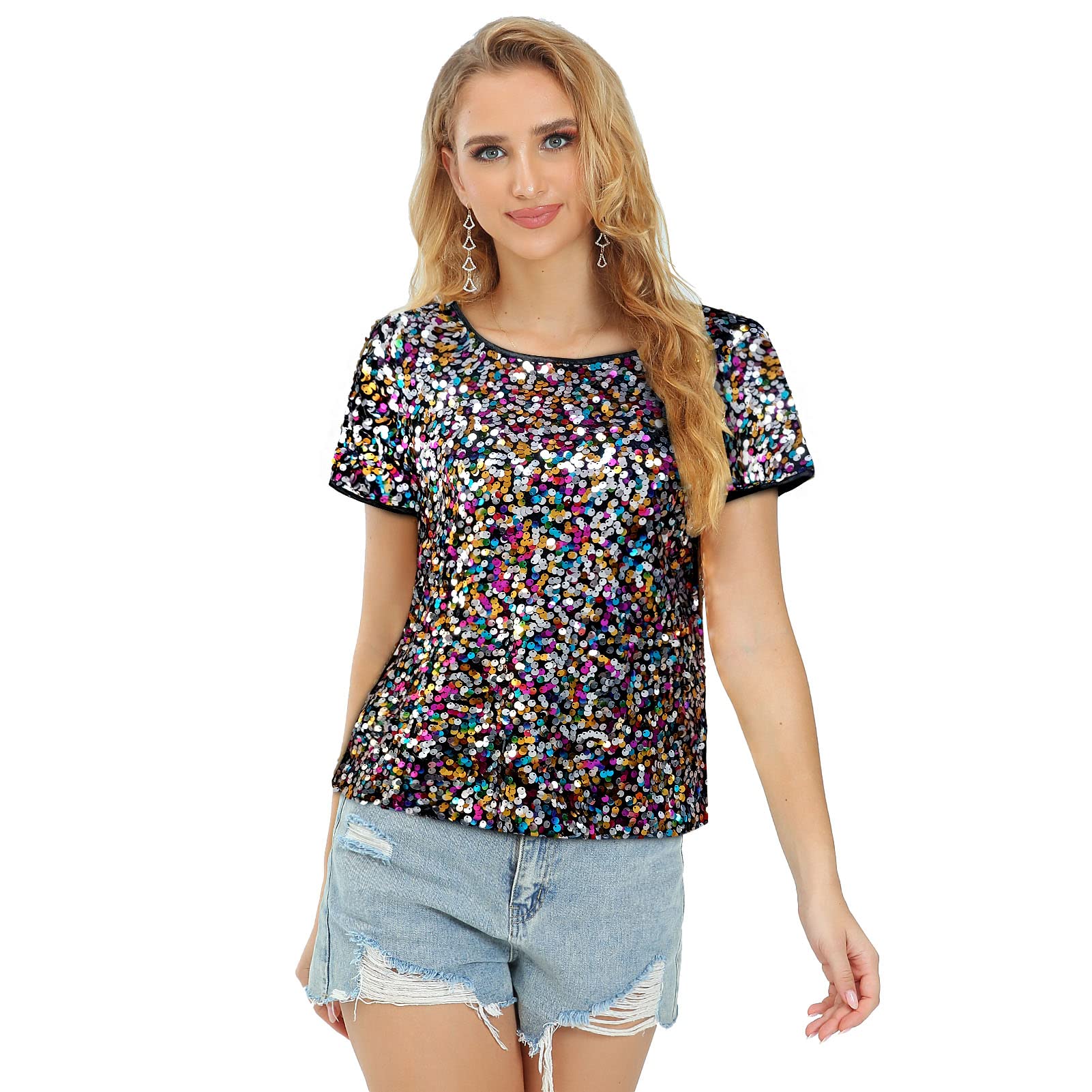YutuwomsfushiWomens Full Sequin Sparkle Tops Shimmer Glitter Round Neck  Short Sleeve Shirt Summer Disco Party Tee Shirts Tunic Blouse