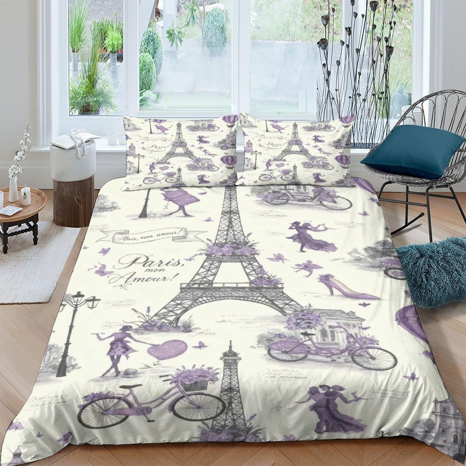 Ctjqhvkz Style-6 3D Printed Paris Eiffel Tower Fitted Sheet Microfiber Decorative Purple Urban Romance Mattress Cover For Bedroom Home Decor Single（135X200cm）