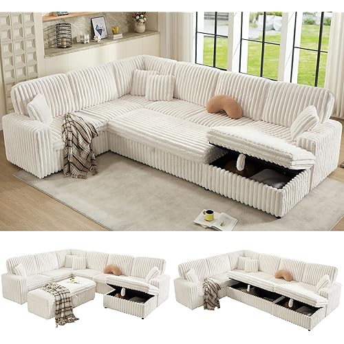 AMERLIFE 129 Inch Sectional Couches for Living Room,Sectional Couch with Storage & Ottoman,Modular Sectional Sofa Converts to Sleeper,Cloud Couch Sectional for Large Space with Faux Fur,White