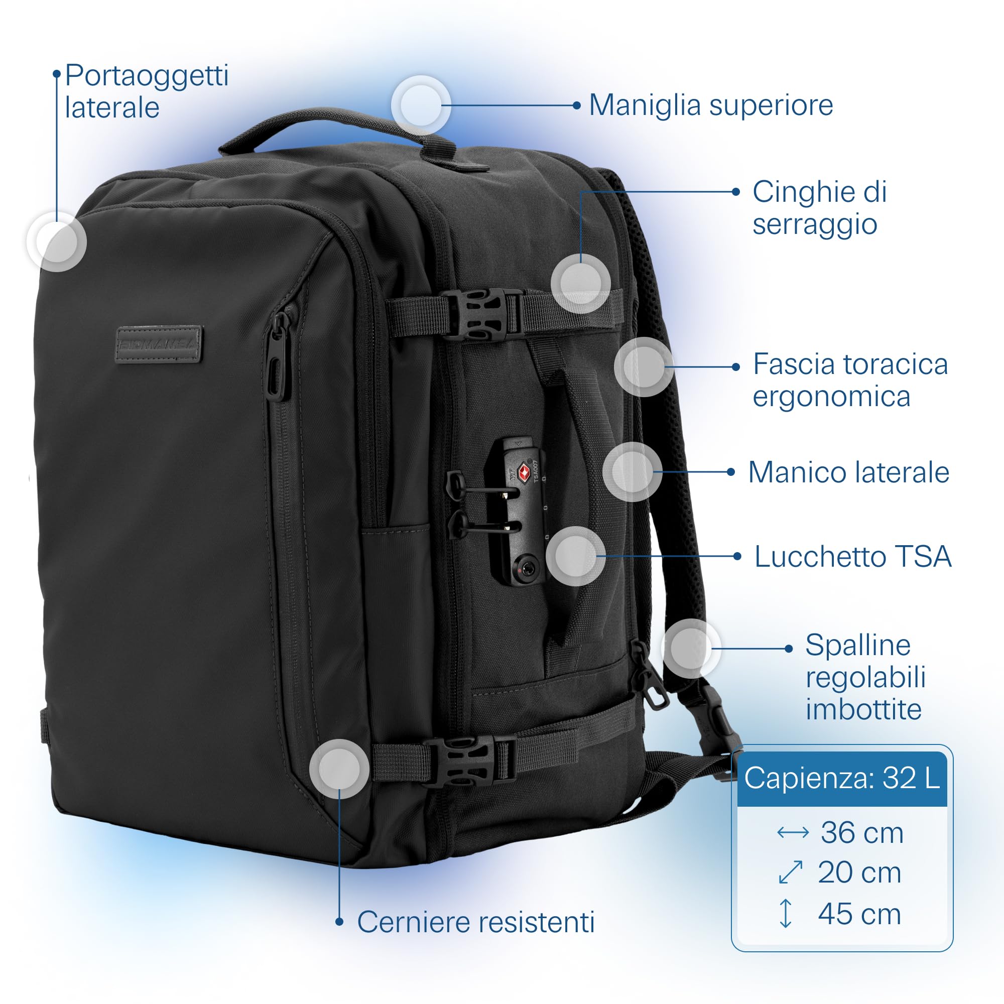 BidMamba Zaino Bagaglio A Mano 45x36x20 Per Easyjet Valigia Cabin Bag 45 X 36 X 20 Cm viaggio compatto leggero regolabile per trasporto comodo ideale aeroplano conforme dimensioni richieste bagagli