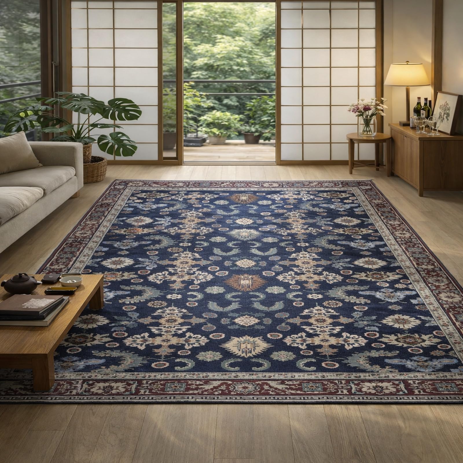 Tapis de salon antidérapant bleu vintage 120x180cm style traditionnel