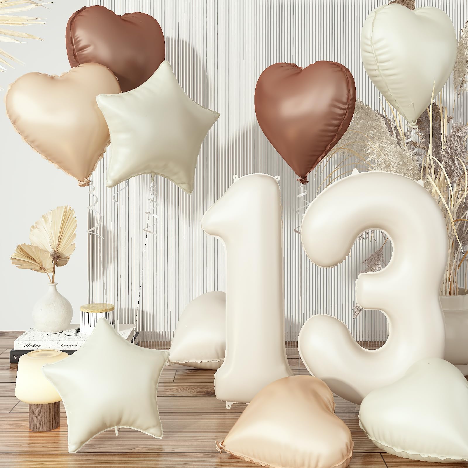 Cream 13 Balloons Decor, Beige Nude Apricot Brown Tan Foil Star Heart Balloons, 40'' White Sand Helium Neutral Number 13 Balloon for Girls 13th