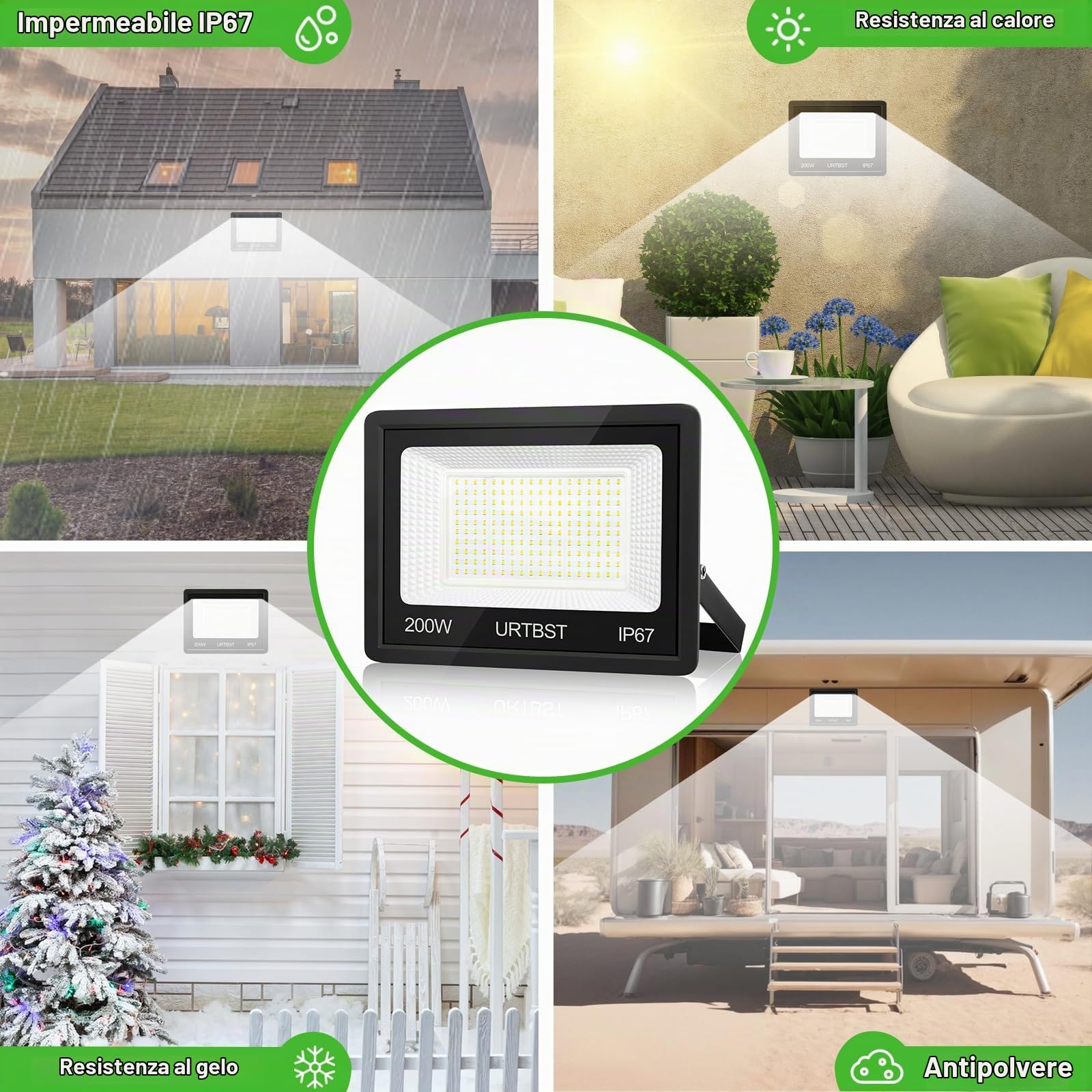 Proiettore LED per esterni, 200 W, 20000 lm, IP67, impermeabile, 7000 K, bianco freddo, per cortile, giardino, garage, terrazza