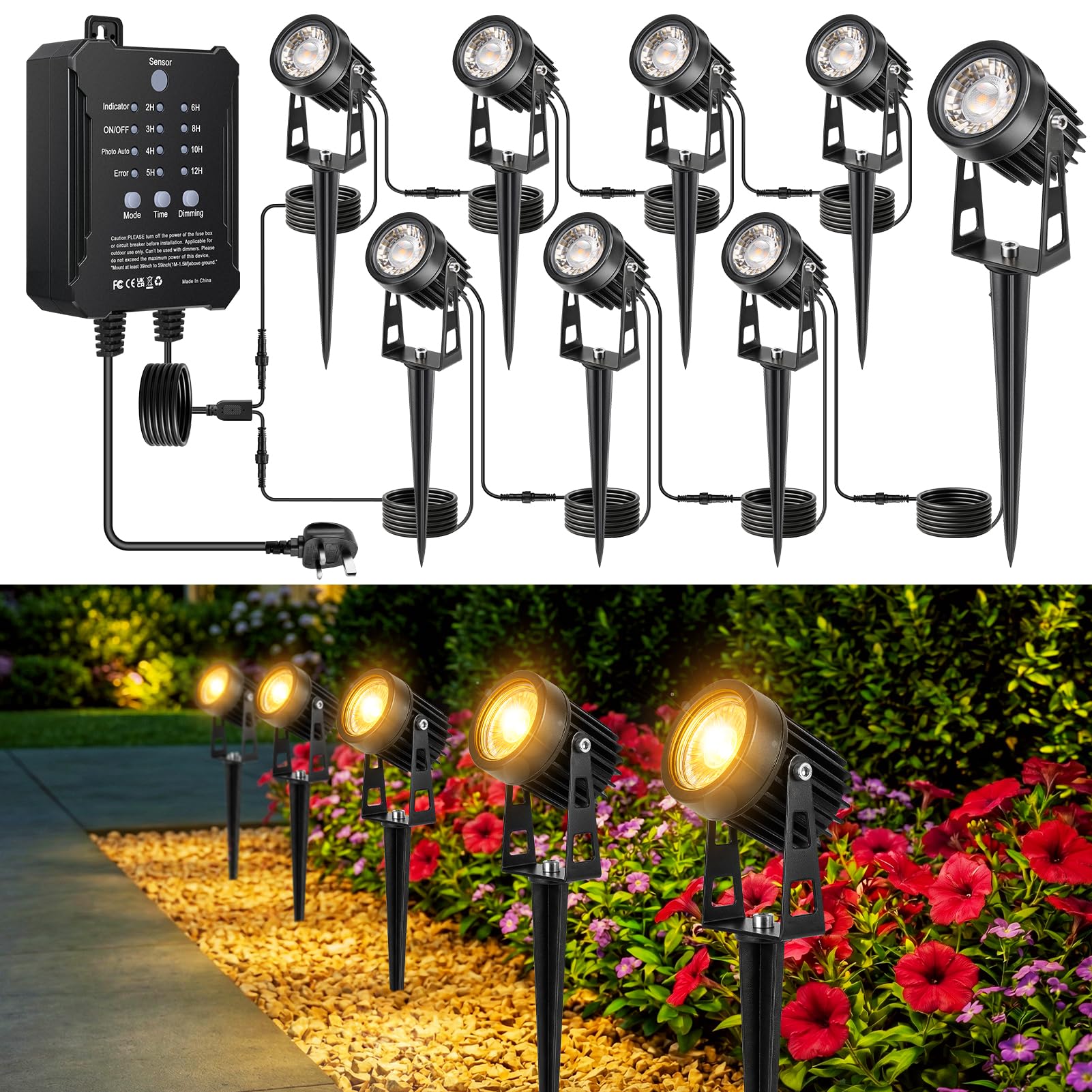 Garden Spotlights Mains Powered with Timer & Dusk-to-Dawn Sensor, 8 Pack LED Spike Lights, IP65 Waterproof, 24V Low Voltage, 3000K Warm White, with Extension Cables & Y-Splitter for Lawn & Path โ image 1