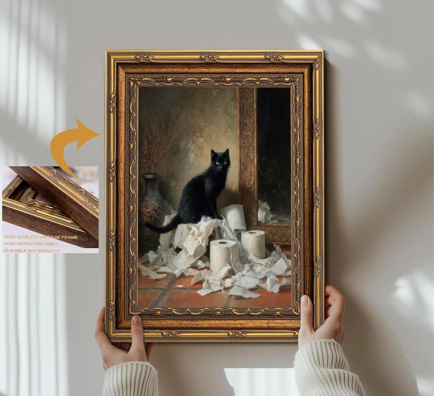 Luyeeteme Funny Black Cat Bathroom Wall Art, Vintage Gold Framed Canvas Picture of Cat Playing with Toilet Paper, Dark Academia Quirky Animal Poster Print for Restroom Decor (12x16Inch)