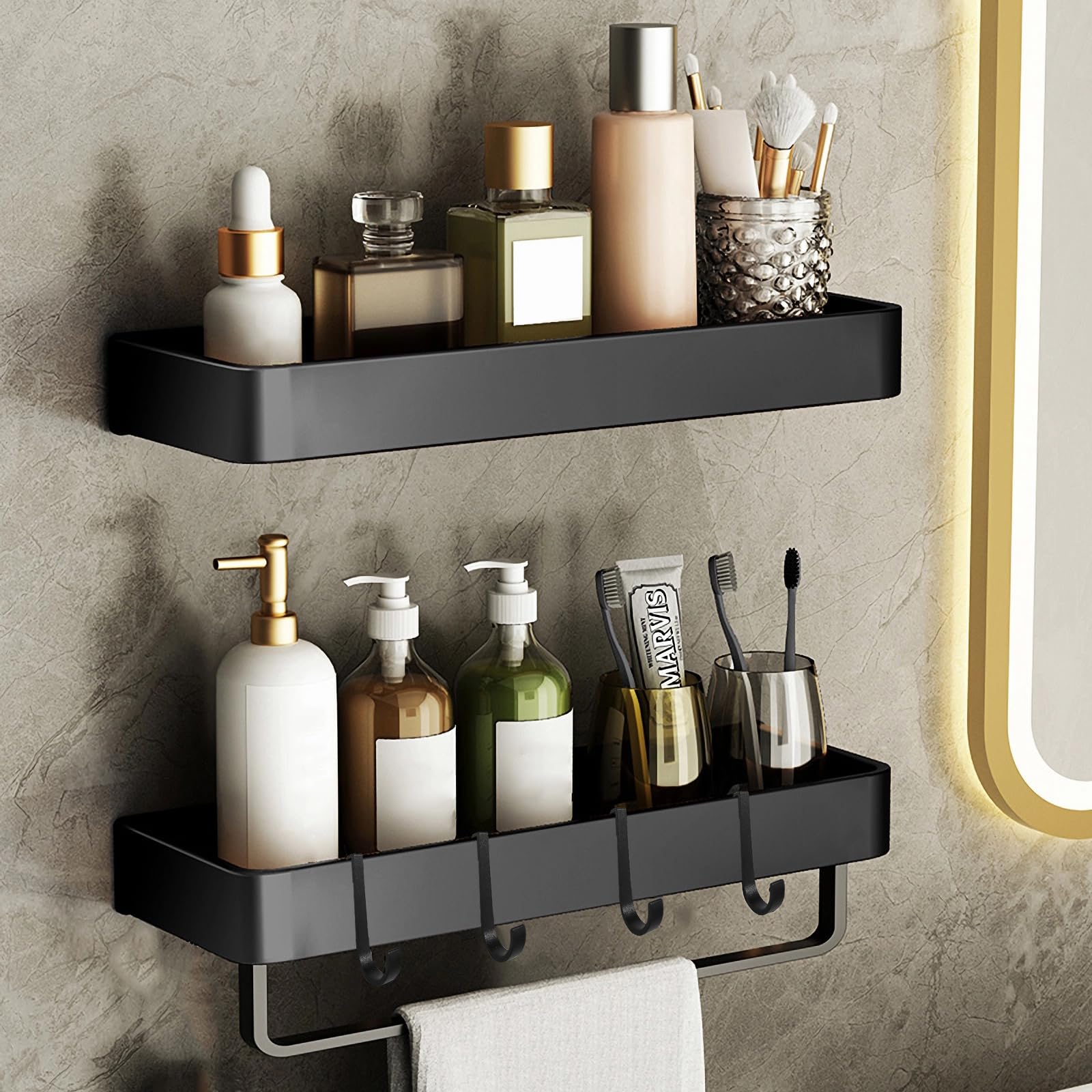 ILIKEPOW 2 Pack Shower Organisers Bathroom Shelves Basket No-Drilling Wall Mounted Shower Caddy Black, 40cm