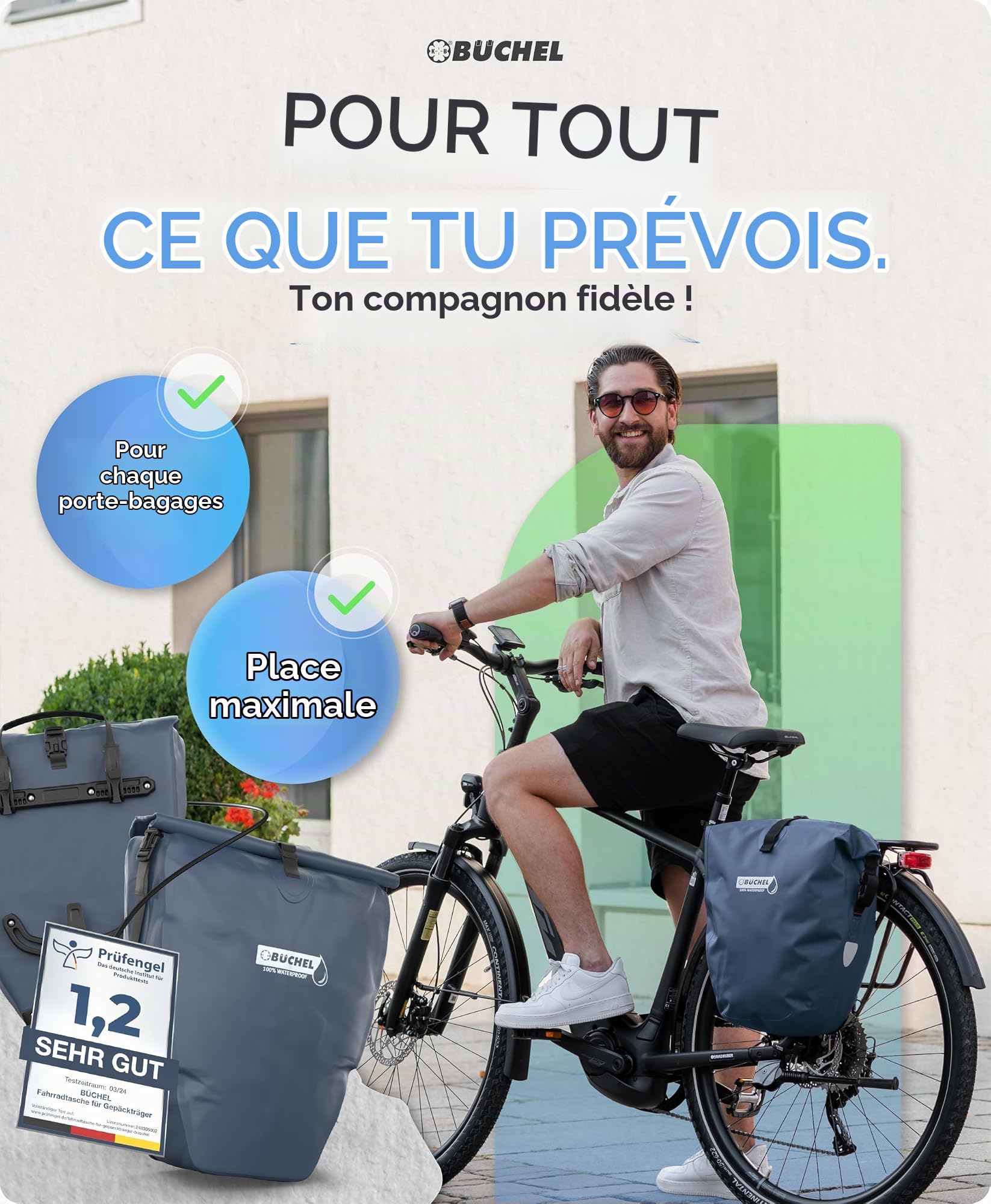 Büchel Sacoche de vélo pour Porte-Bagages, 100% étanche, avec poignée de Transport et bandoulière
