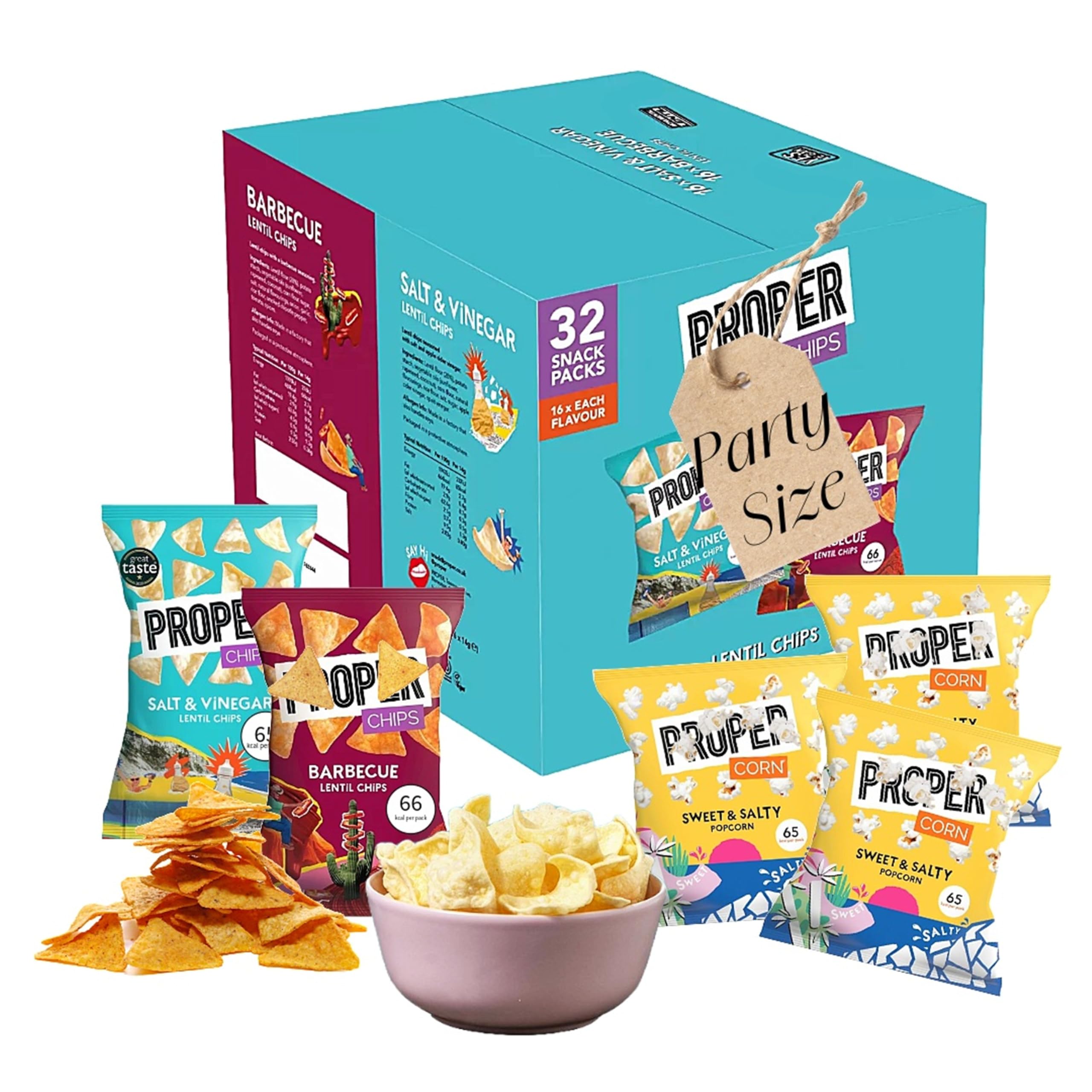 Gluten Free Lentil Crisps Multipack - Box of 32 Vegan Lentil Chips BBQ & Salt Vinegar Low Calorie Snacks with EXTRA 3 x 14g Sweet & Salty Popcorn Bags. Healthy Snacks for Lunch Box, Movie Night