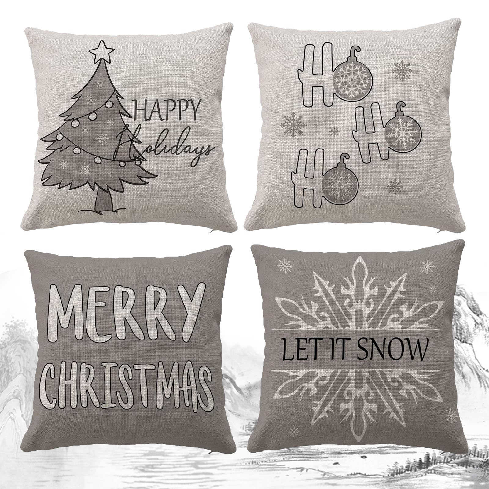 Set Di 4 Federe Natalizie Per Cuscino 45x45 Cm In Cotone E Lino - Decorazioni Per Divano E Soggiorno