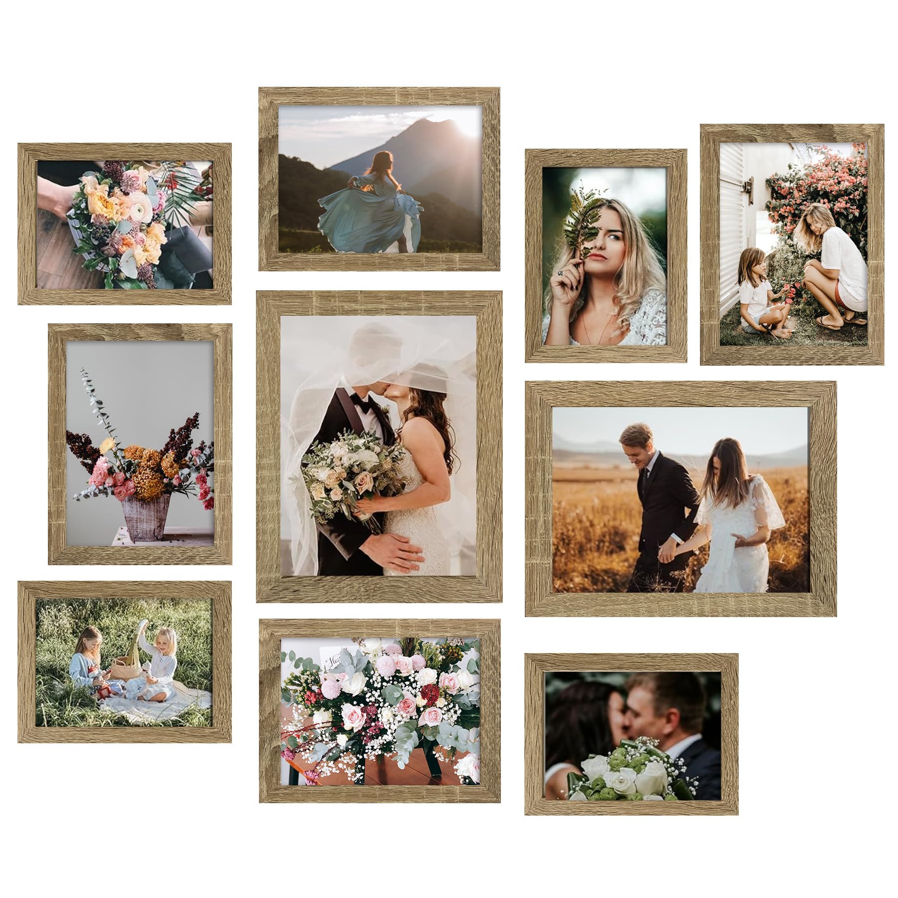 LUCKYLIFE Zestaw ramek na zdjęcia, 10-pak, galeria, kolaż z ramkami 8 x 10, 5 x 7, 4 x 6 w kolorze naturalnego drewna