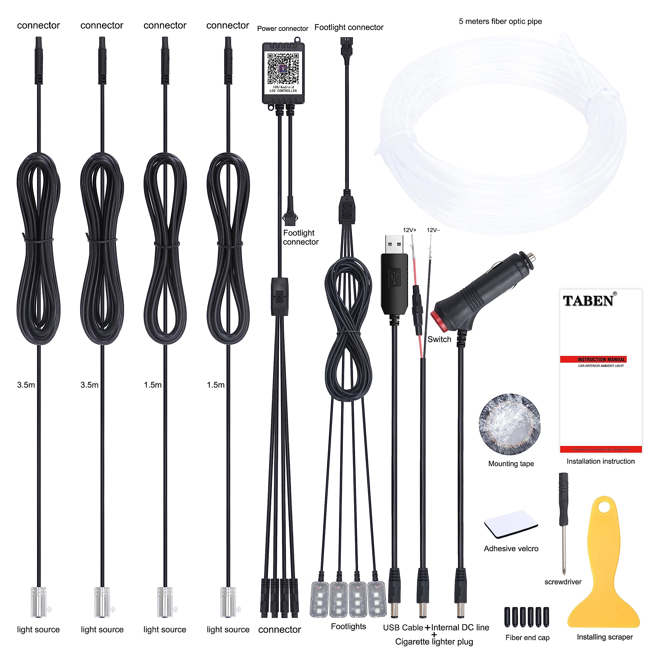 TABEN - Kit de iluminación LED para Interior de Coche con 8 Colores, Impermeable, Ambiente Interior neón Tira de Luces para Coche 1 W CC 12 V (1 Juego) — view 2