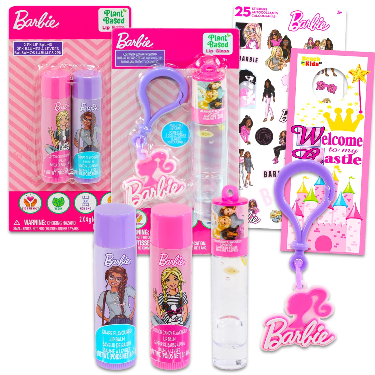 Barbie Lippenbalsam-Set für Mädchen – Bündel mit Barbie Lippenbalsam, Barbie Lipgloss, Schlüsselanhänger, Aufkleber und mehr | Barbie Lippenbalsam-Set für Kinder, Kleinkinder