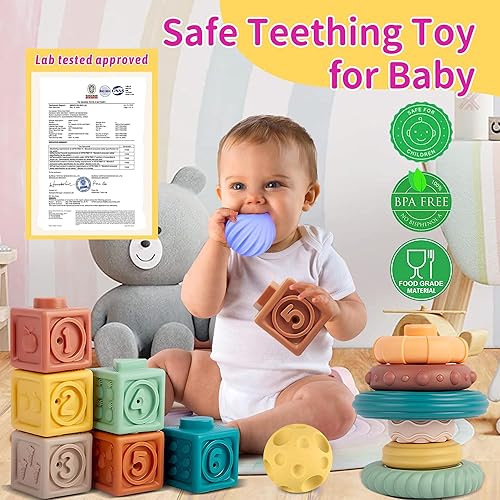 Miniatura 2 de Juguetes Montessori para bebés, juguetes 3 en 1 para bebés de 6 a 12 meses, bloques apilables, bolas sensoriales y anillos de dentición suaves,