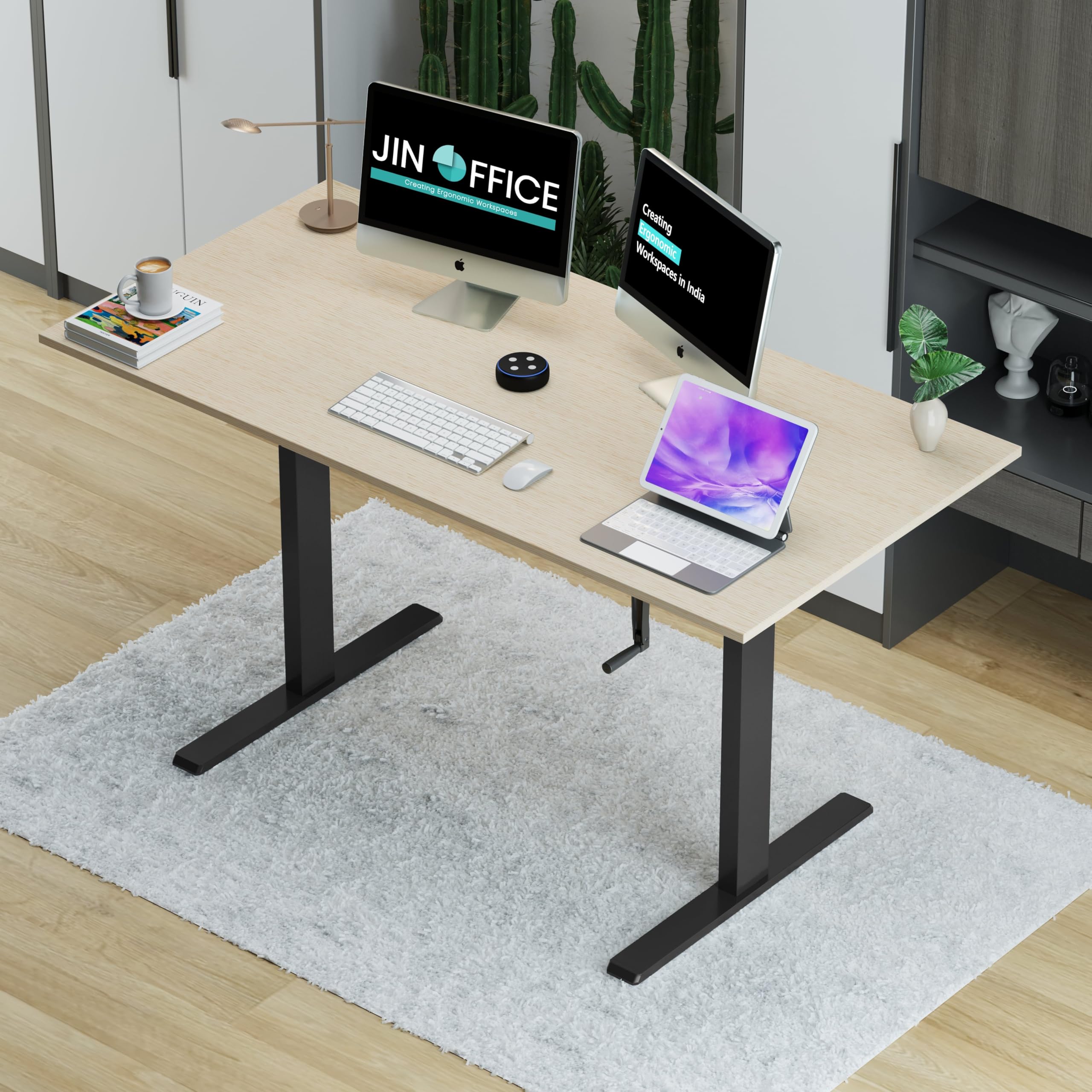 Jin Office Vertex Manual Height Adjustable Table| Adjustable Desk with Hand Crank| Sit Stand Desk| Ergonomic Table for Home Office, 3 Year Warranty,80 Kg Wt. Cap| Black & Maple|1200*750mm/ 25MM Thick