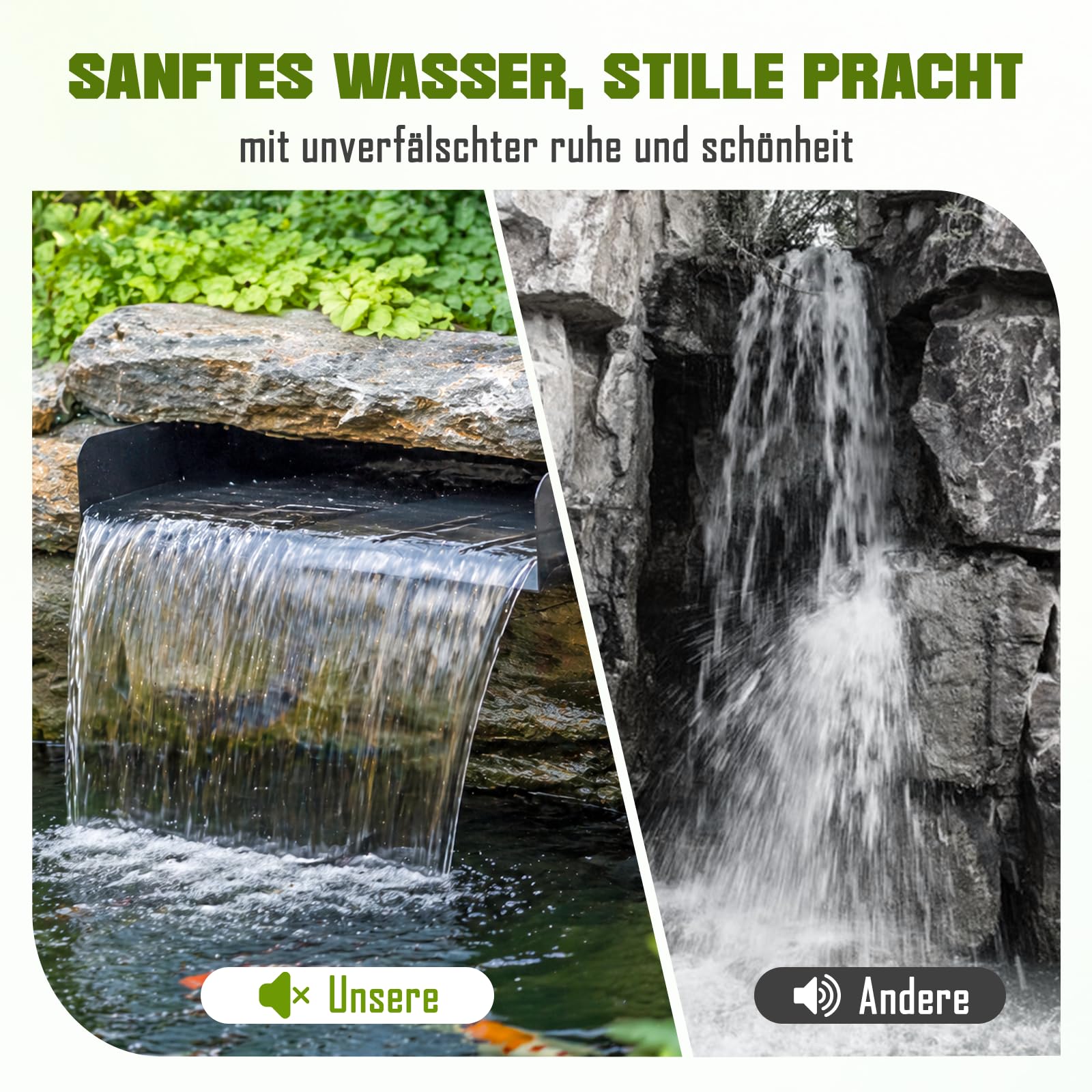 Edelstahl Wasserfall Set 30 cm 45 W 3500 L/h Pumpe 3 m Schlauch Garten Teich