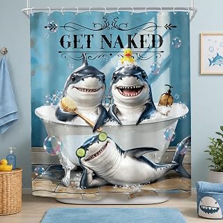 Funny Shark Shower Curtain 60x72 Kids Cute Animal Summer Fun Bathroom Decor | Get Naked Wildlife Taking Shower Bubbles Hilarious waterproof HD printed shower curtain, quick-dry fabric with 12 hooks.