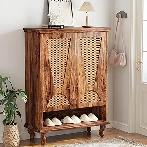 LITTLE TREE Rattan Shoe Cabinet for Entryway, 5-Tier Large Hidden Shoe Organizer Cabinet with Ventilated Doors, Modern 25-Pair Shoe Rack Closet Organizer Shoe Storage Cabinet for Bedroom