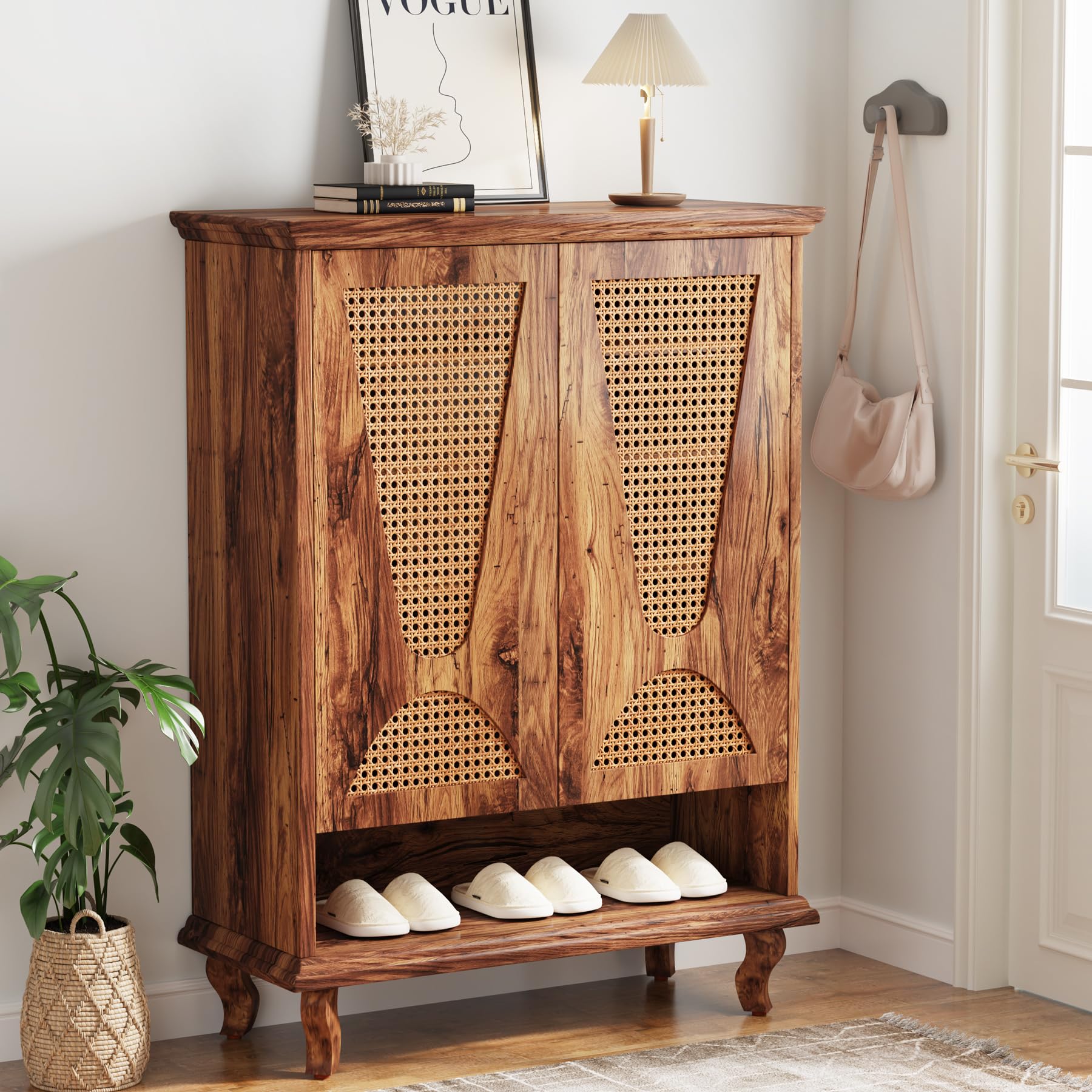 Tribesigns Rattan-Schuhschrank mit 2 Türen, 75x 37x 110cm, Schuhkipper schmal,7-stöckig Schuhregal für 25 Paar Schuhe Regal für Eingang, Flurschrank,Wohnzimmer