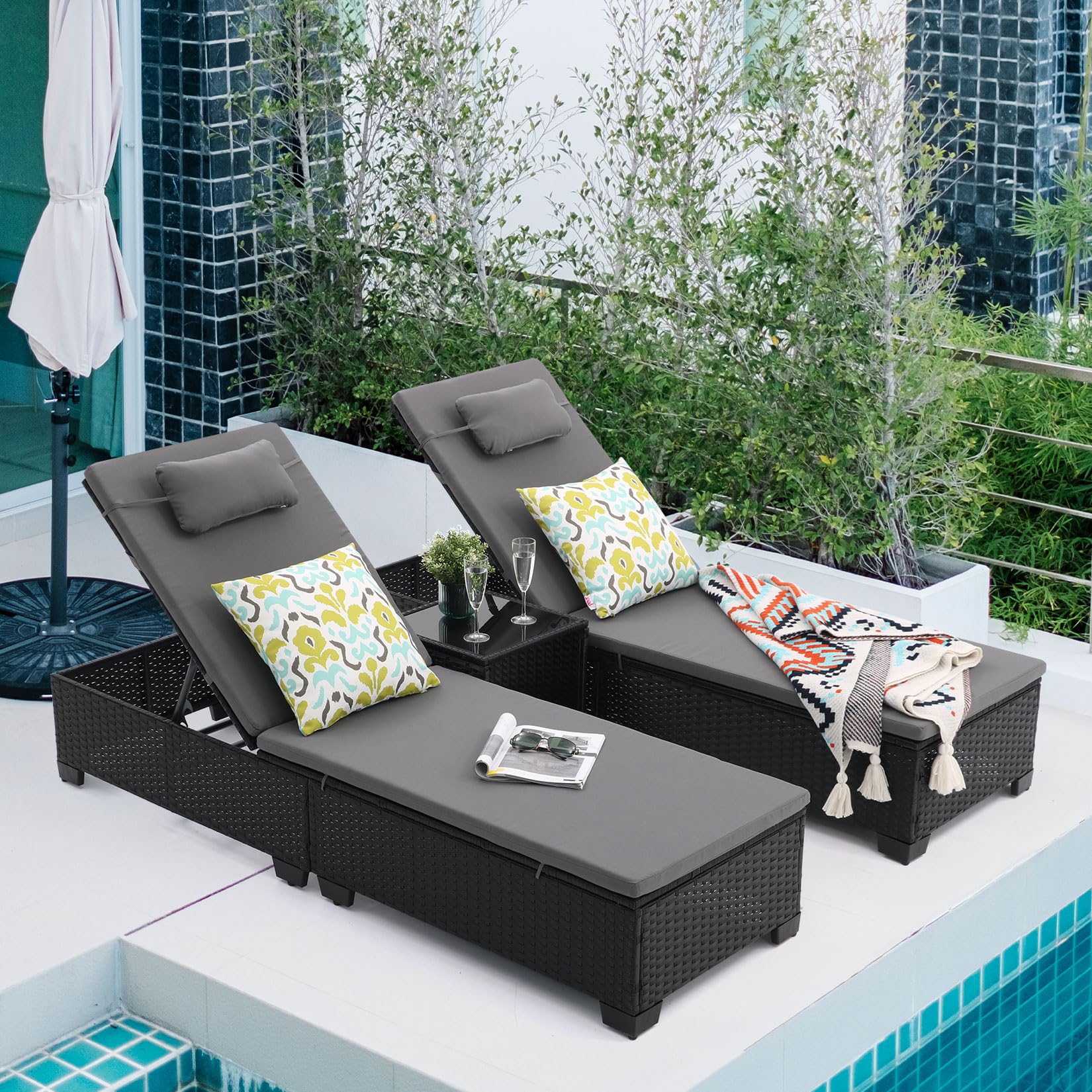 Siurciu Outdoor Patio PE Wicker Chaise Lounge Chairs Set of 3 Patio Black Rattan Reclining Chair Adjustable Backrest Pool Sunbathing Recliners with