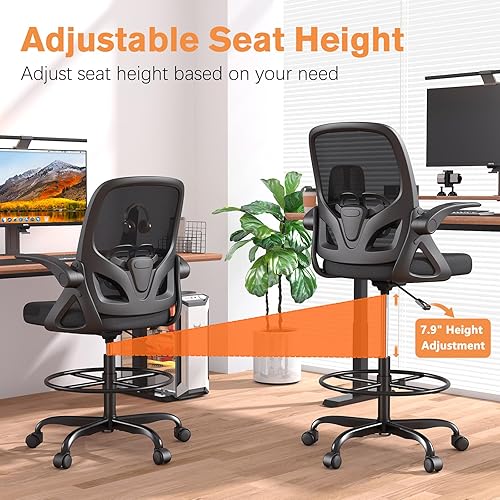 Miniatura 4 de Silla de dibujo alta con soporte lumbar y anillo para reposapiés, silla de escritorio ergonómica de altura extendida para trabajo en casa, silla de