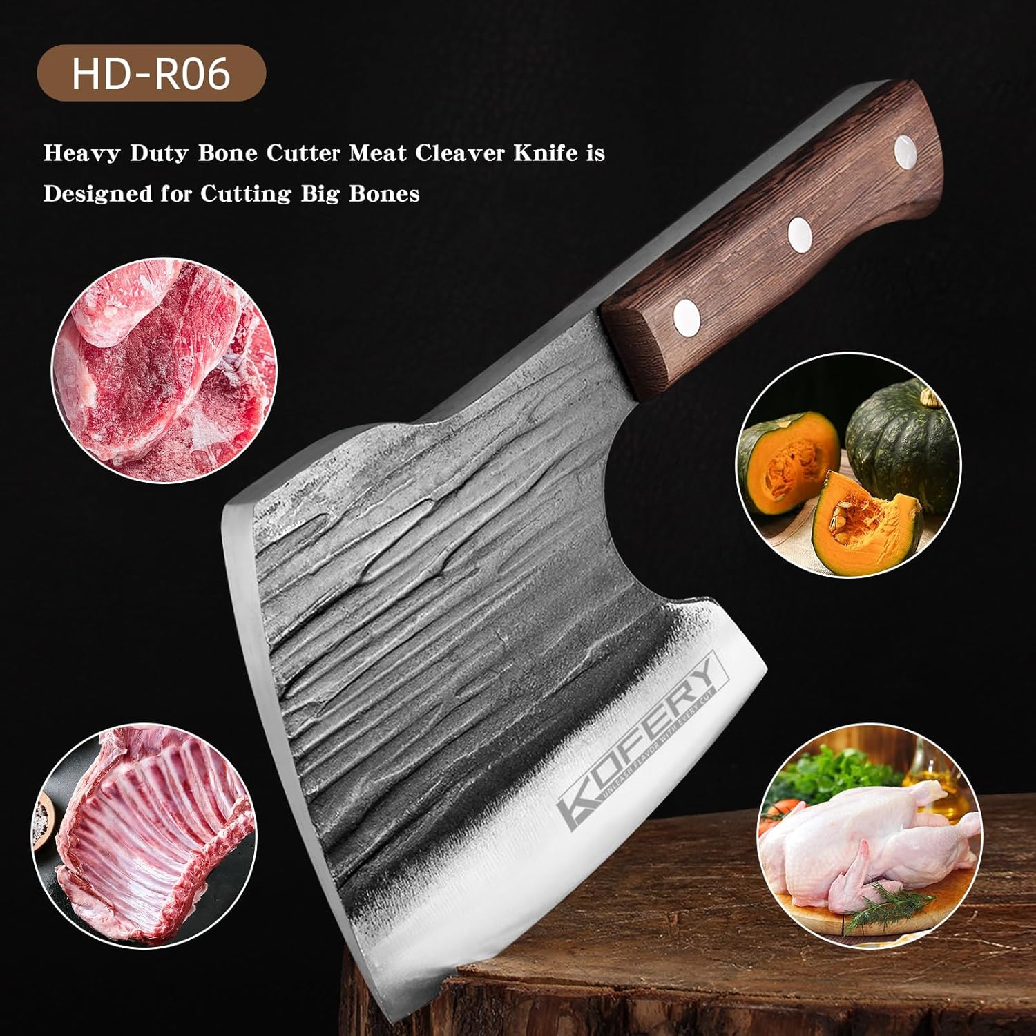 KOFERY Heavy-Duty Bone Chopper Knife - Handmade 5mm Thick High Carbon Steel Meat Cleaver with Axe Blade for Kitchen and Outdoor BBQ (Black) - Image 2
