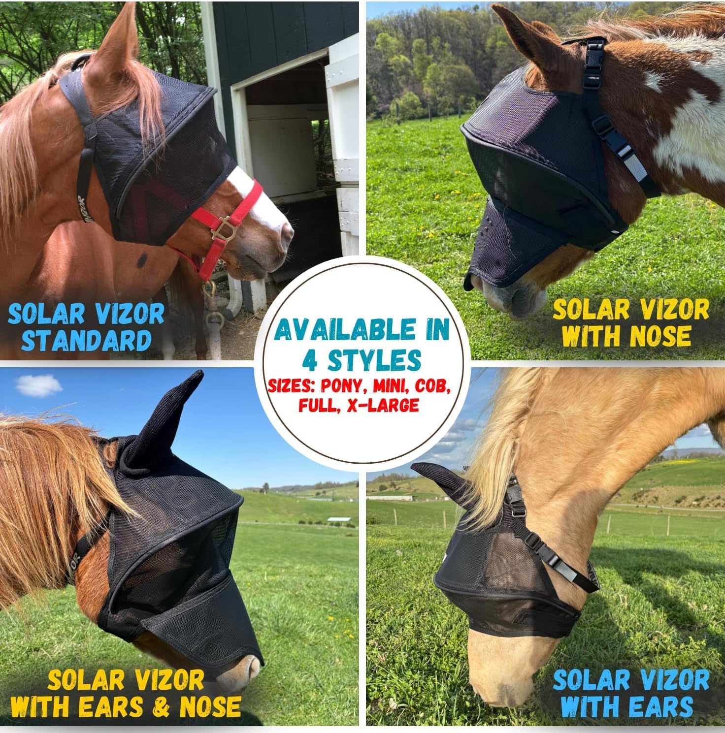 Solar Vizor Horse Fly Mask with Ear and Nose (Size X-Large), Innovative Design - 100% UV Eye Protection for Horses with Uveitis, Photosensitivity, Ulcer, Head Shaking, Protects from Flies, Insects