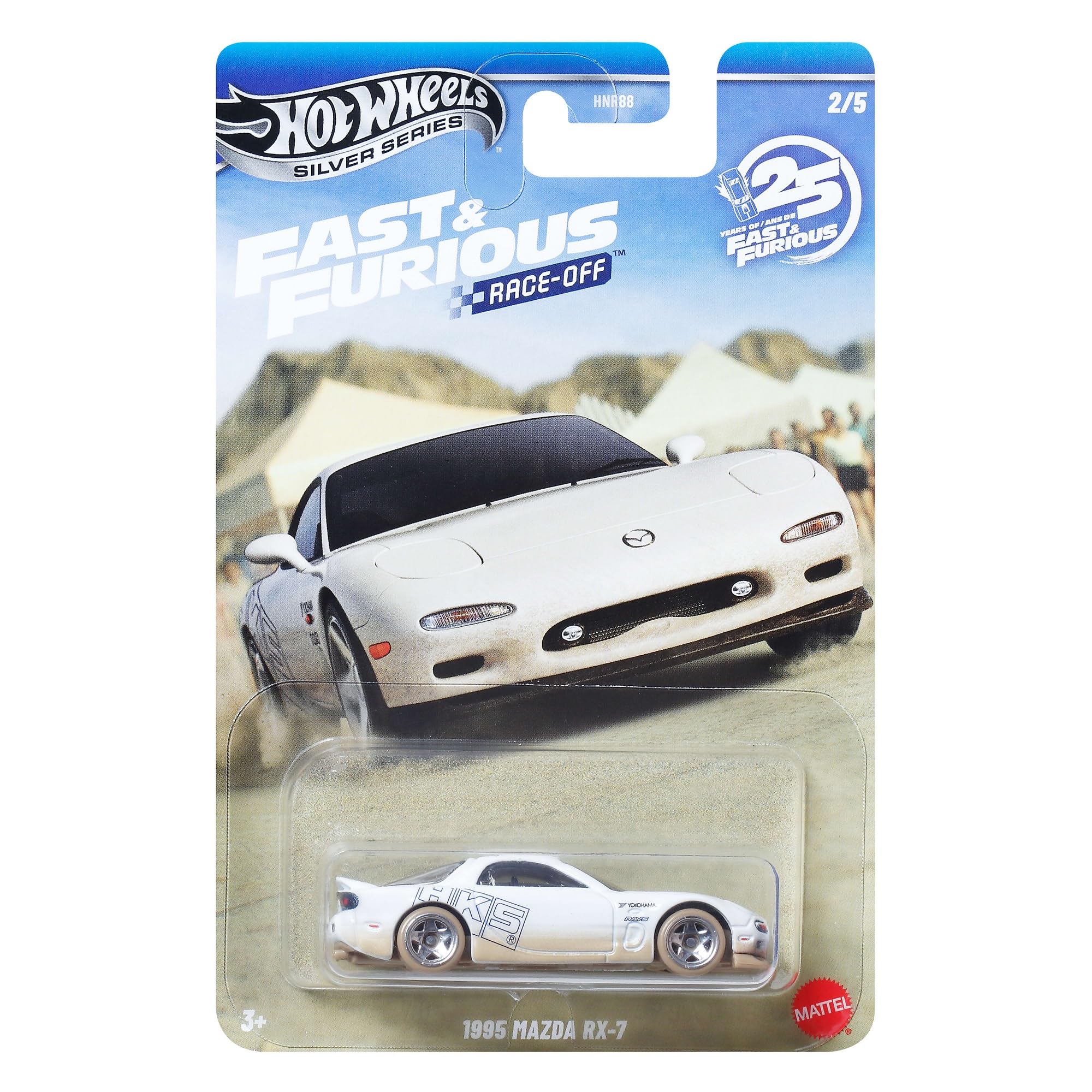 1995 Mazda RX7-2/5 Fast and The Furious Race Off Silver Series 2026-1:64 Model Car JDM - Film Vehicle Licensed Model - JDM HKS - White Blue - Mattel JKX16